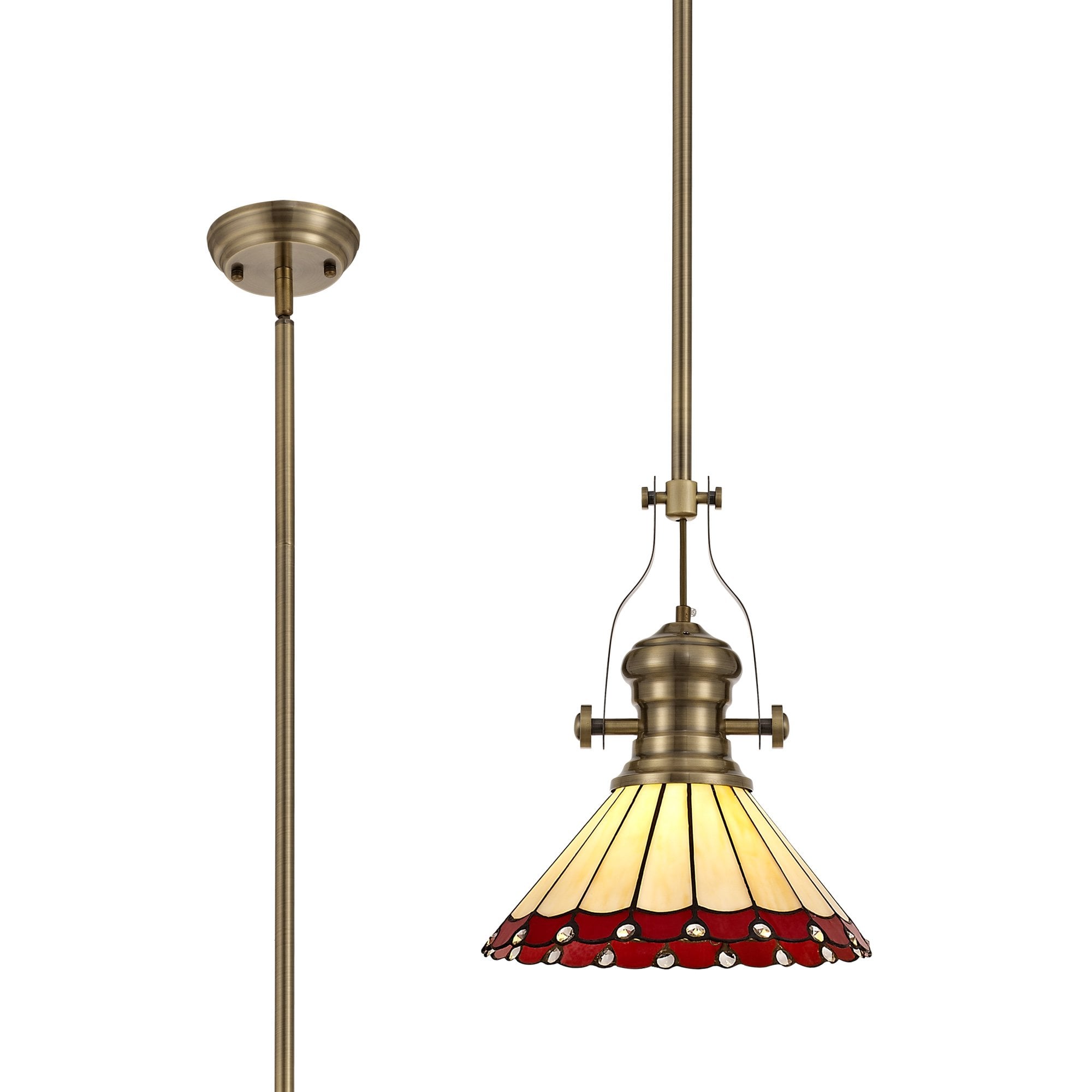 Fabula Amberley Single Pendant - 30cm Tiffany Shade - Antique Brass, Red & Cream