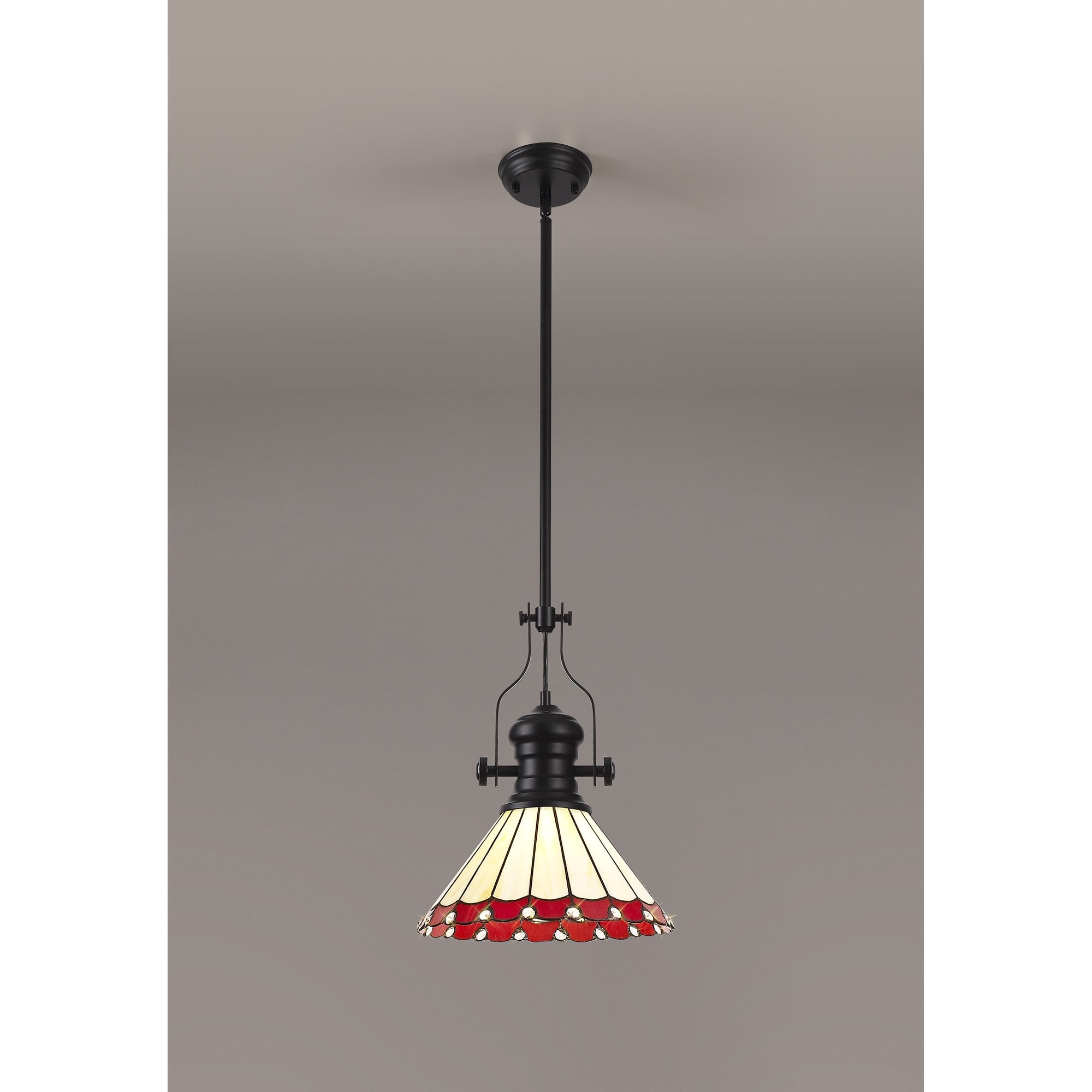 Fabula Amberley Single Pendant - 30cm Tiffany Shade - Matt Black, Red & Cream
