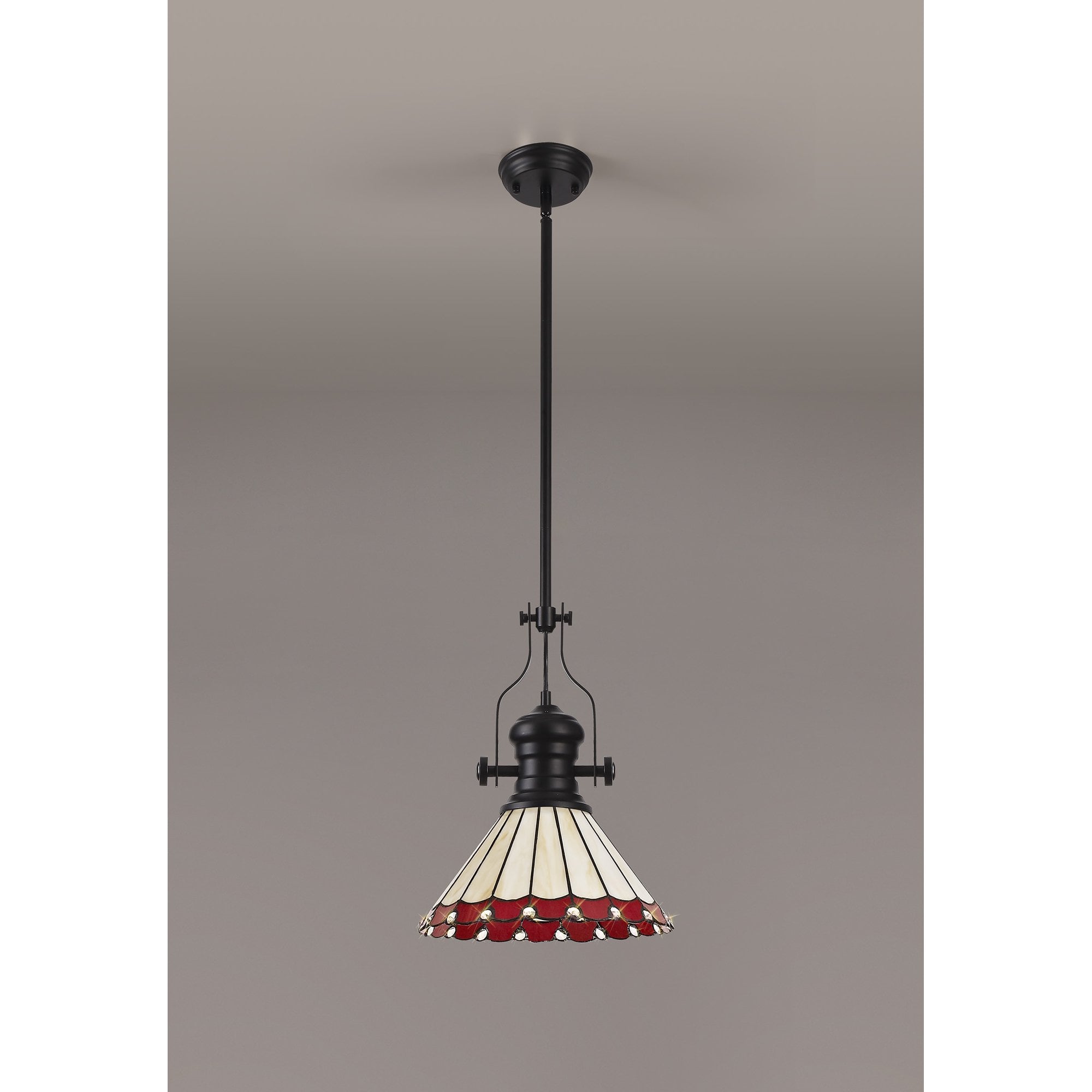 Fabula Amberley Single Pendant - 30cm Tiffany Shade - Matt Black, Red & Cream