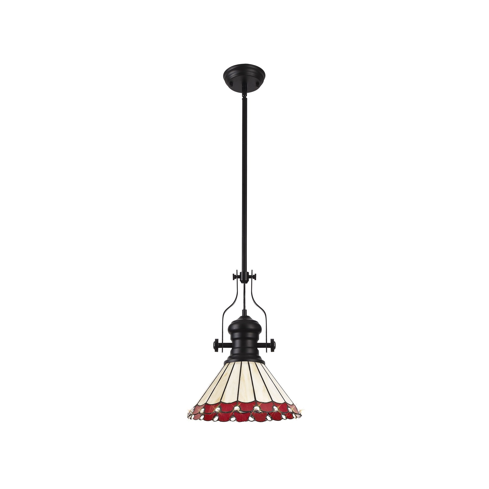 Fabula Amberley Single Pendant - 30cm Tiffany Shade - Matt Black, Red & Cream