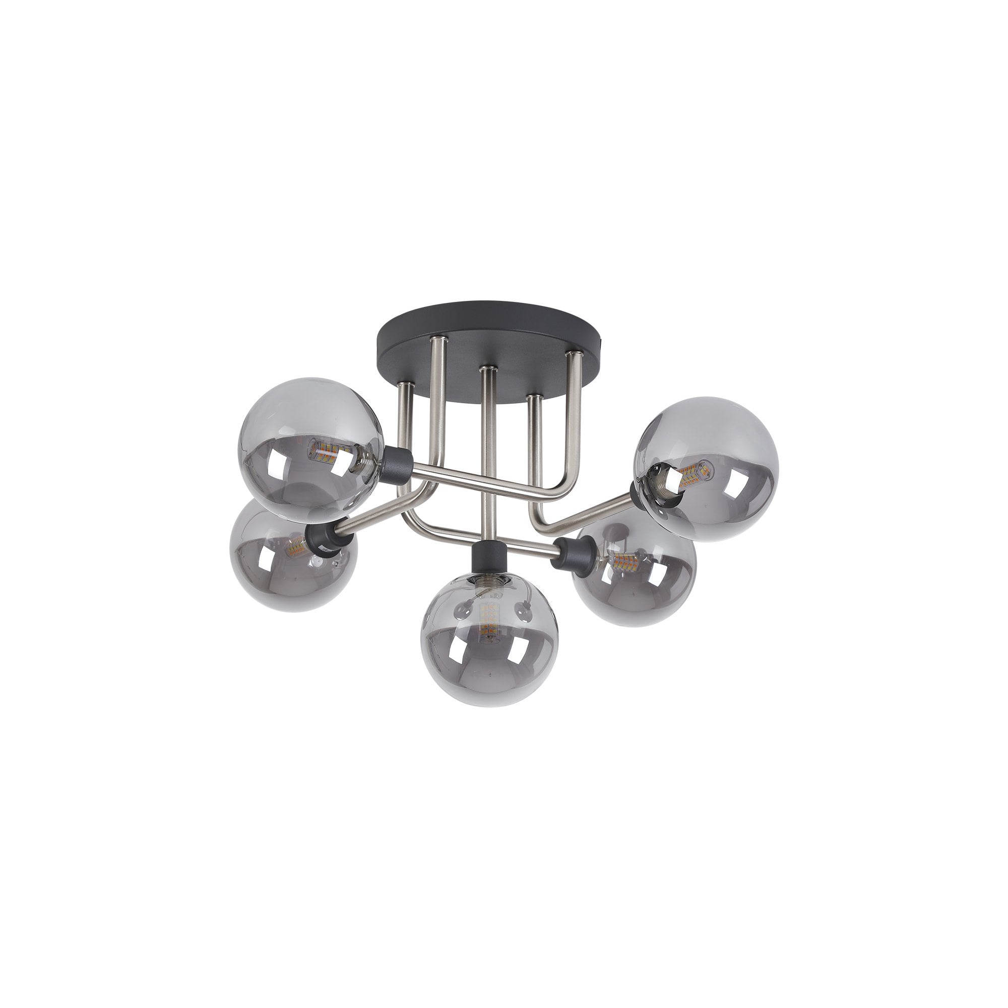 Fabula Appleby 5 Light Flush Light - Graphite, Satin Nickel & Smoke Glass
