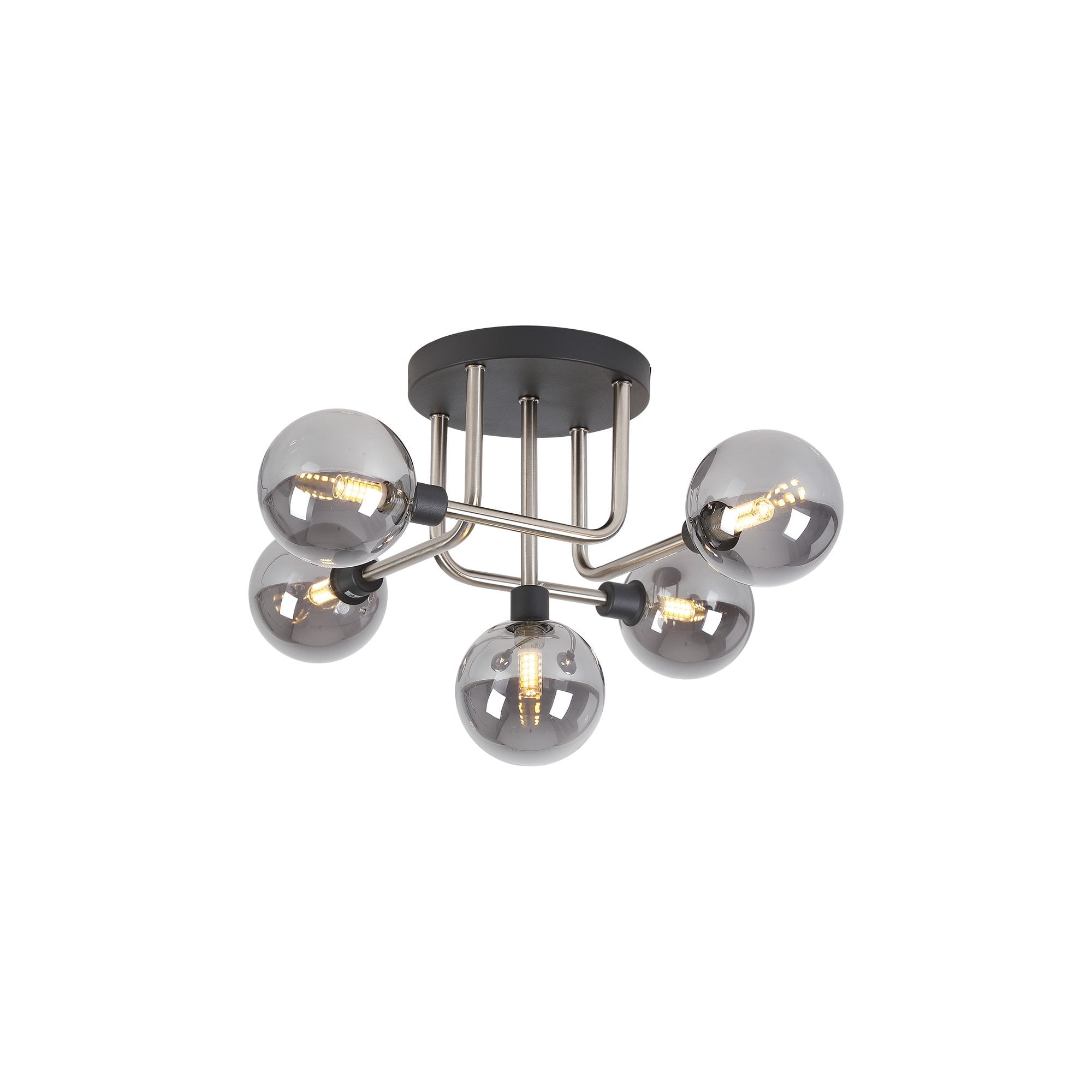 Fabula Appleby 5 Light Flush Light - Graphite, Satin Nickel & Smoke Glass