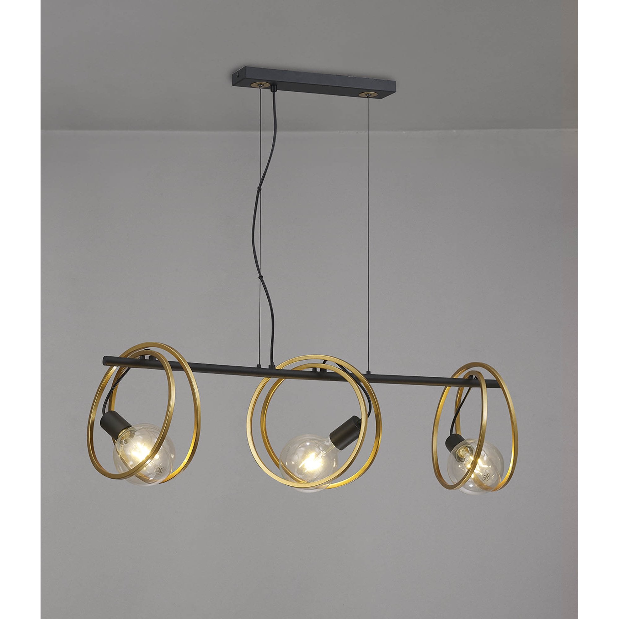 Fabula Bury Double Ring 3 Light Linear Pendant - Matt Black & Painted Gold