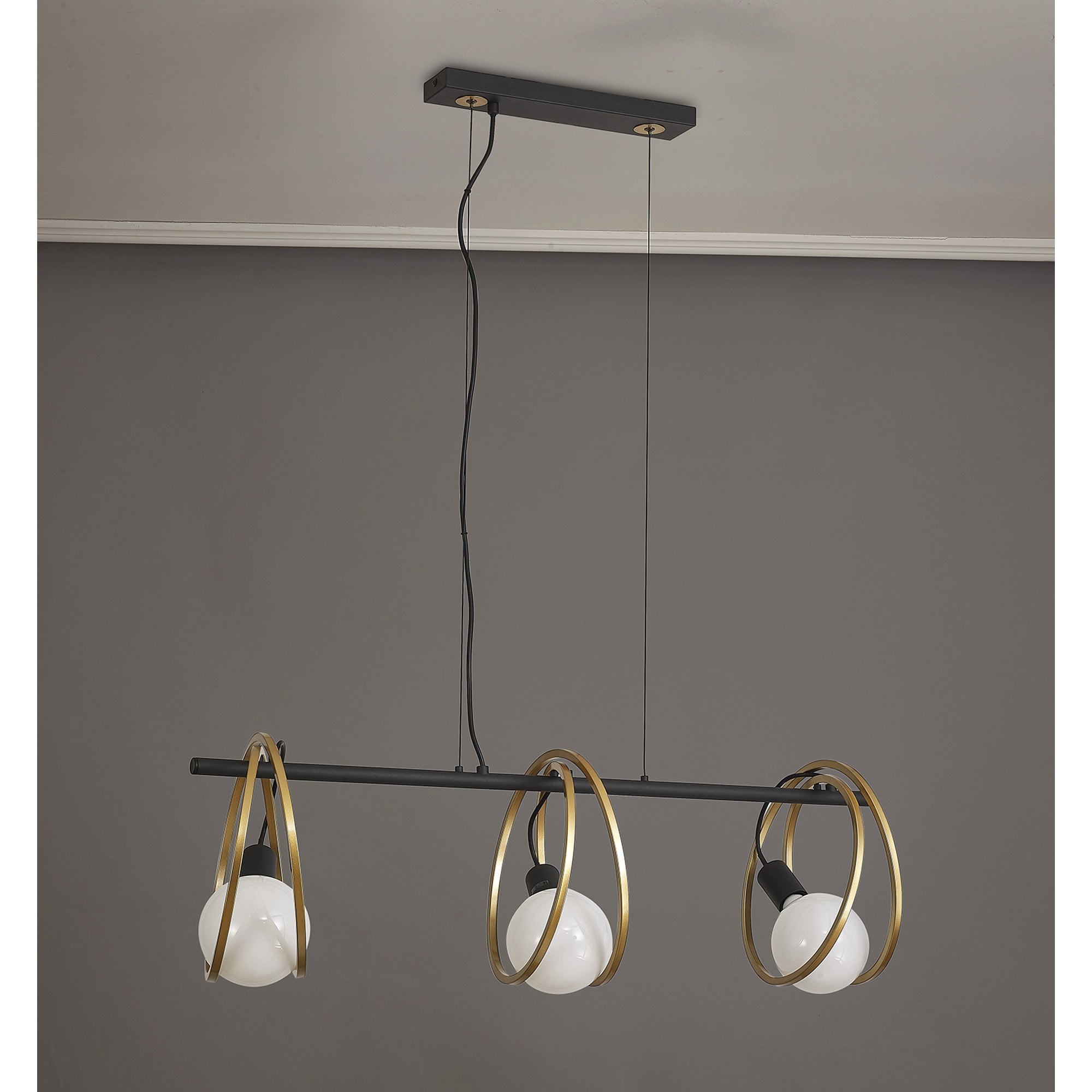 Fabula Bury Double Ring 3 Light Linear Pendant - Matt Black & Painted Gold