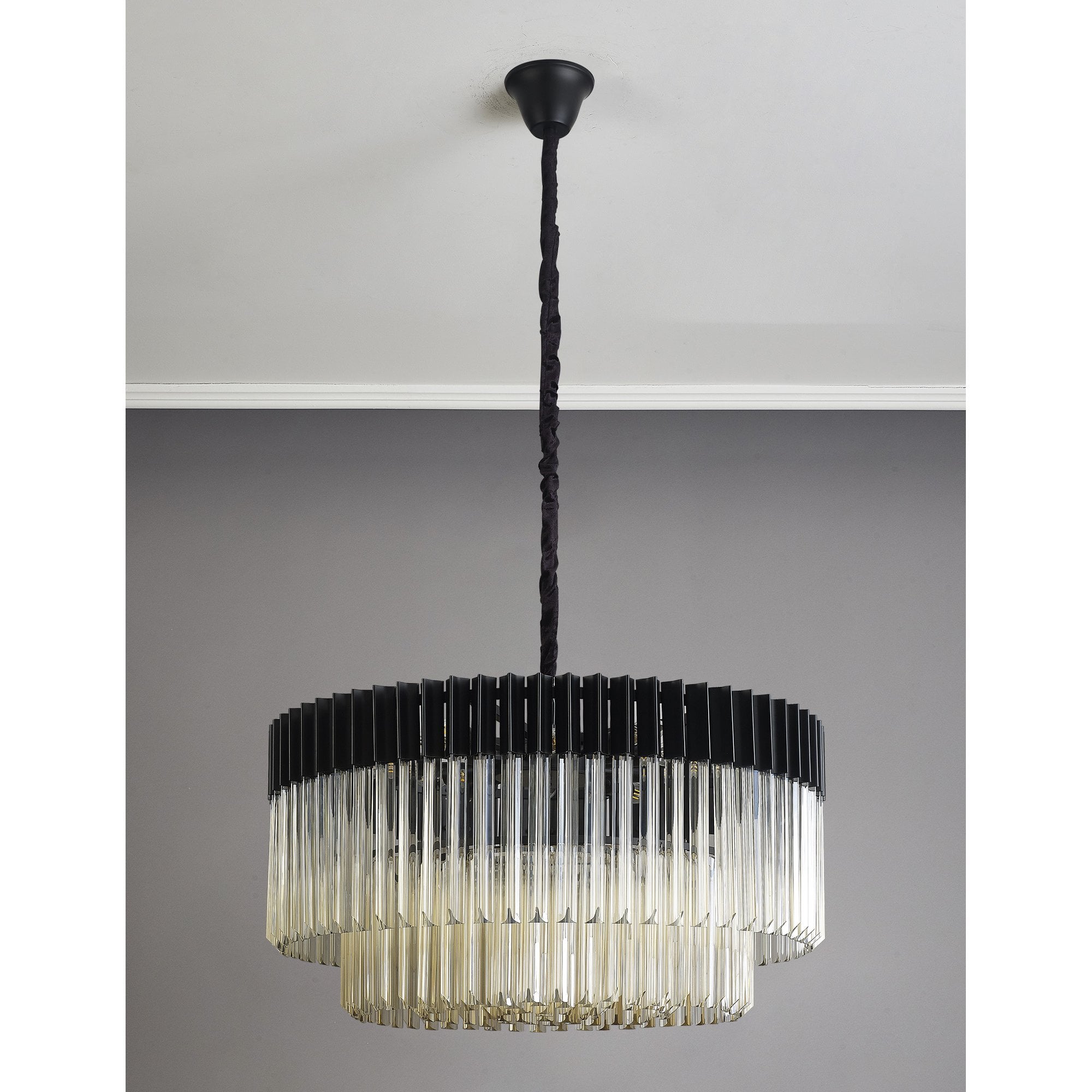 Fabula Cedar 12 Light Pendant - Matt Black & Cognac Sculpted Glass