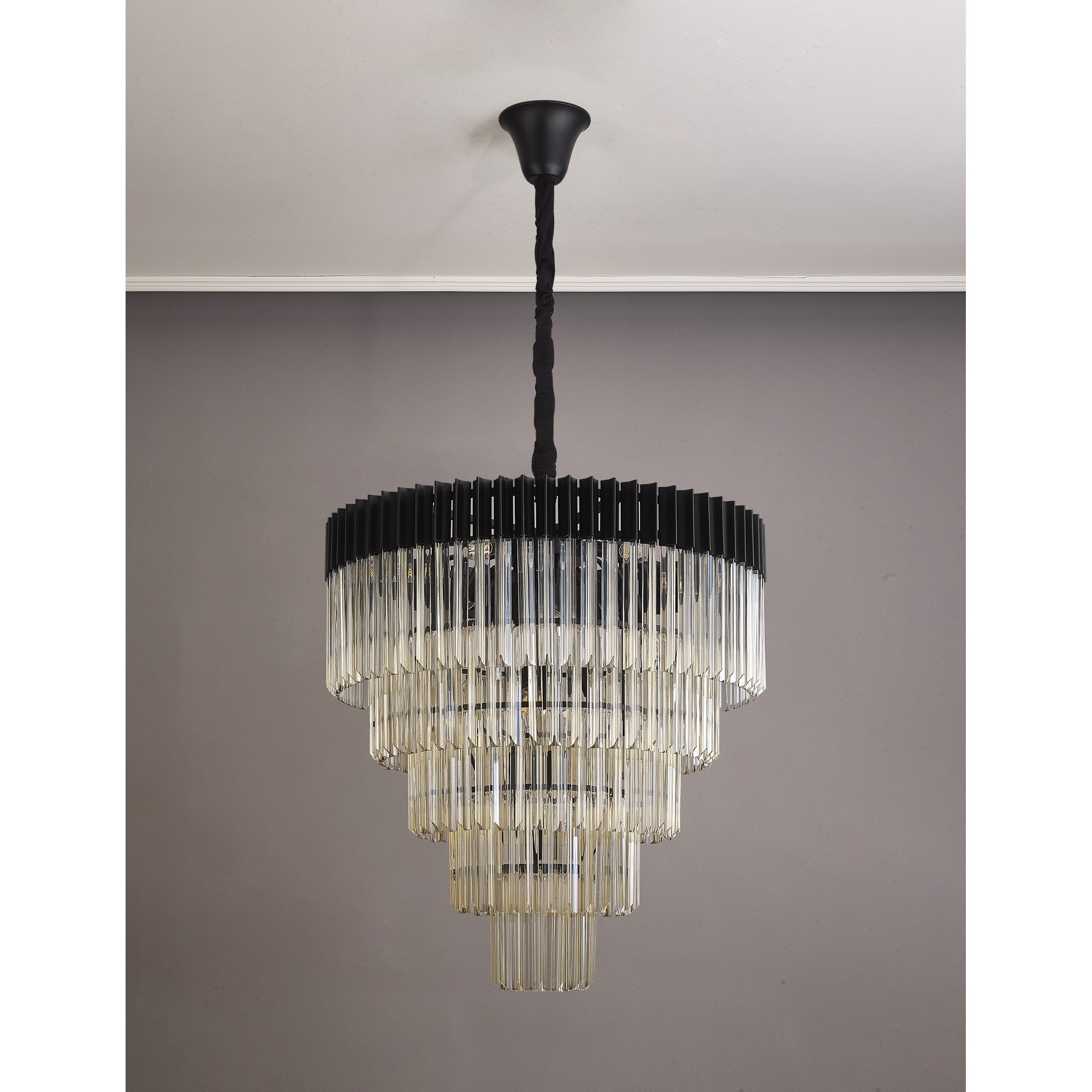 Fabula Cedar 19 Light Pendant - Matt Black & Cognac Sculpted Glass