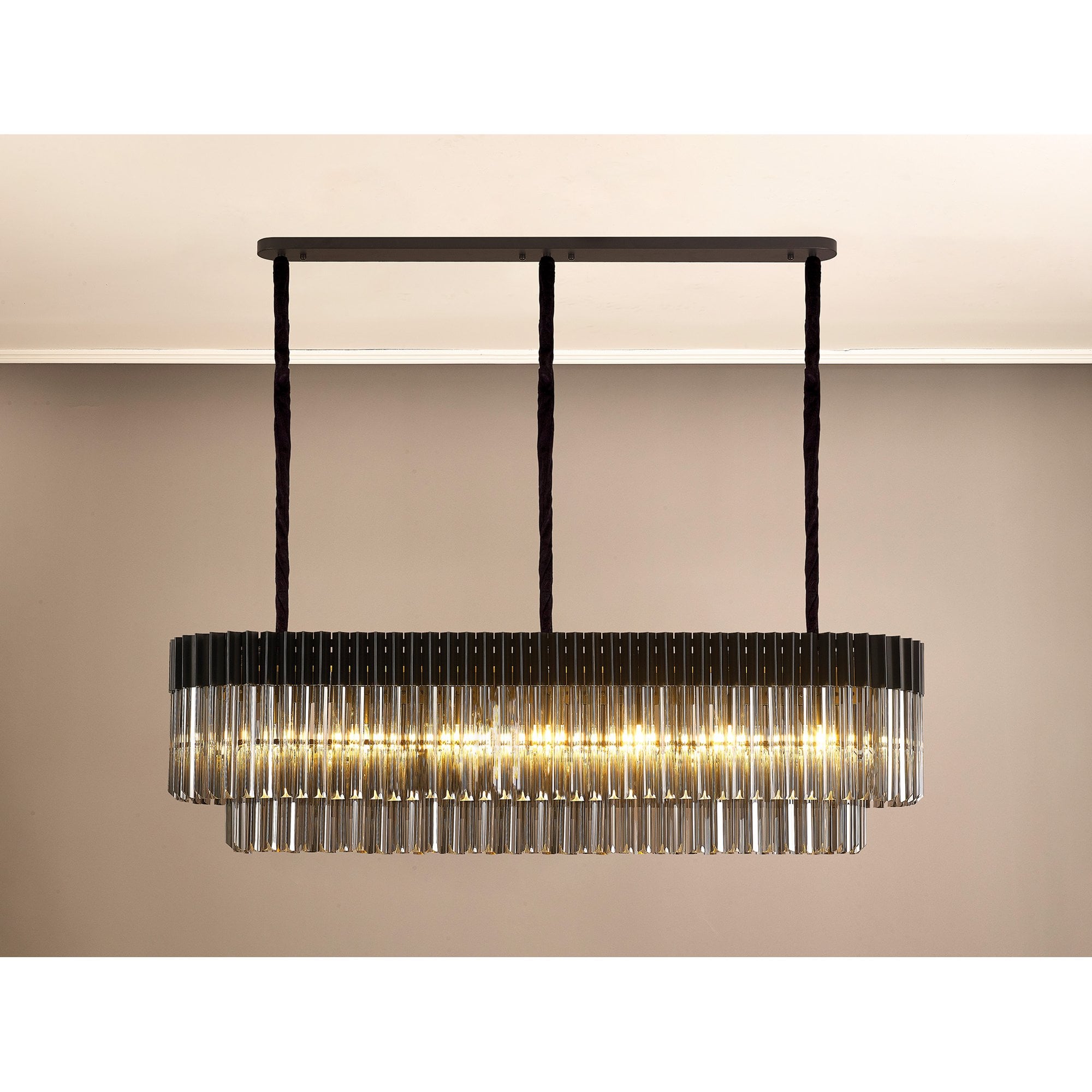 Fabula Cedar 7 Light Rectangular Pendant - Matt Black & Smoke Sculpted Glass