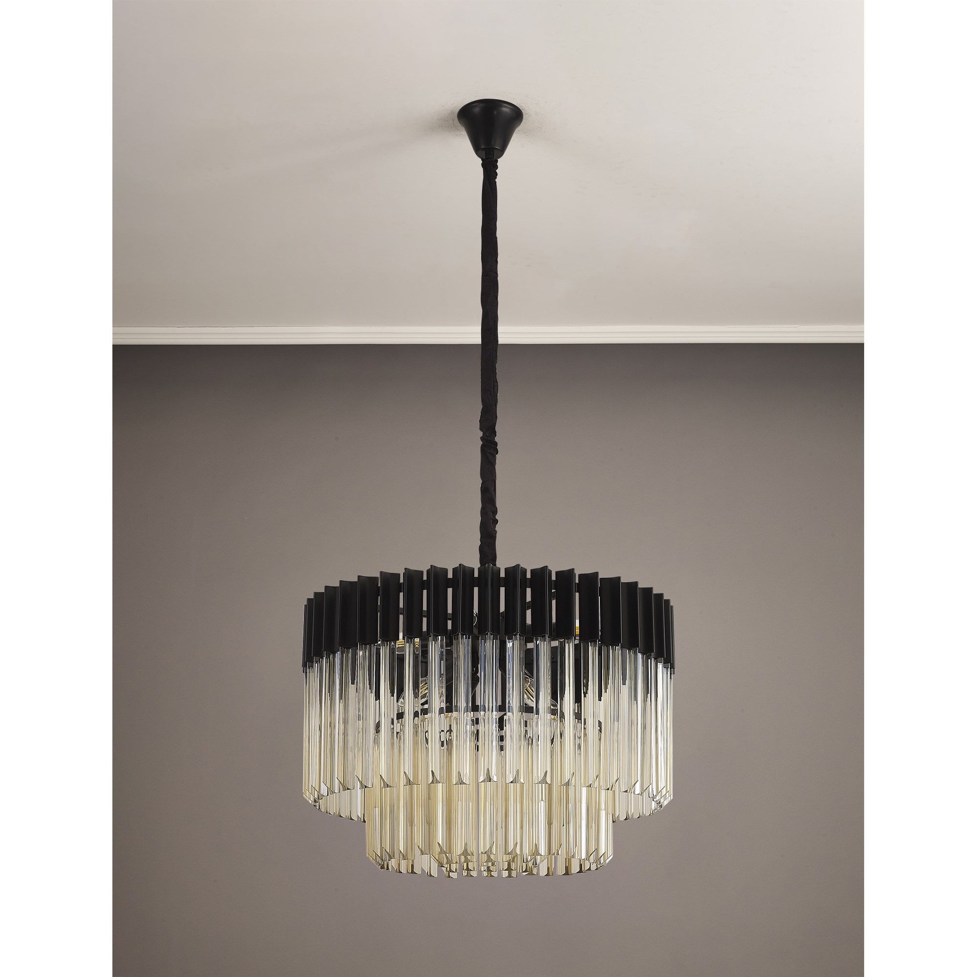 Fabula Cedar 8 Light Pendant - Matt Black & Cognac Sculpted Glass