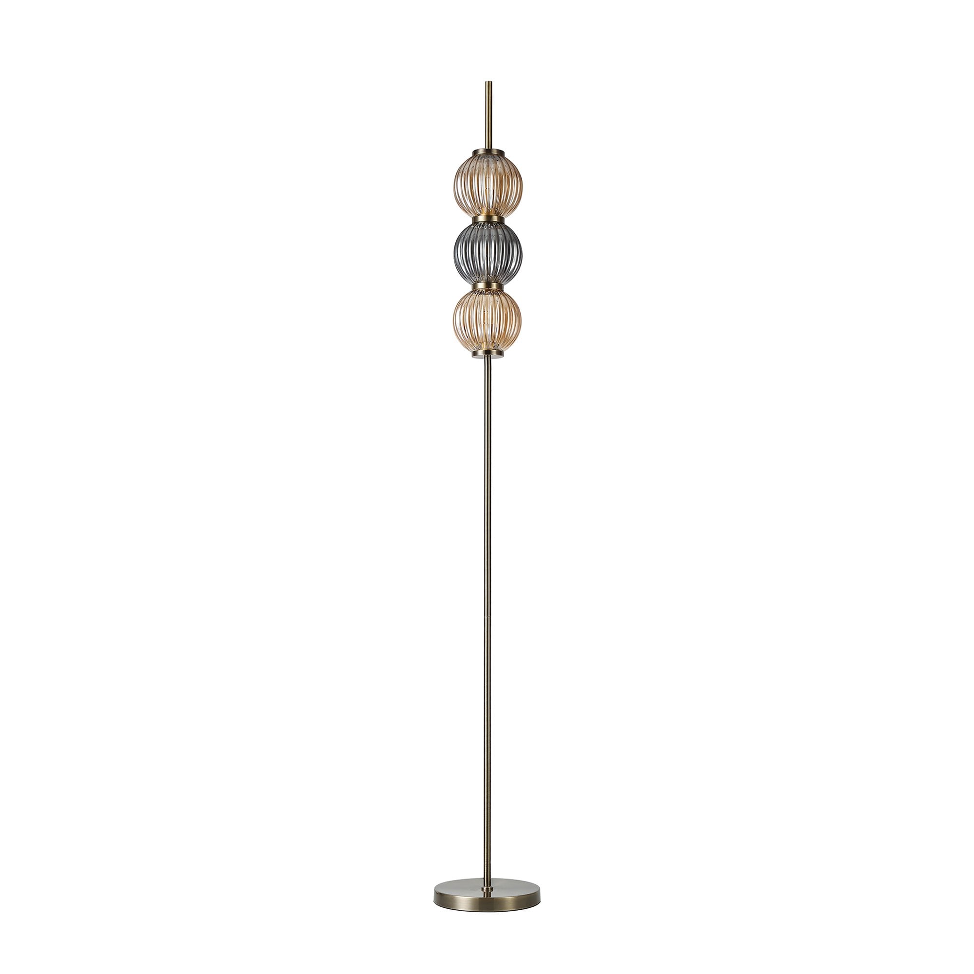 Fabula Churchill 3 Light Floor Lamp - Antique Brass, Smoked & Amber Glass