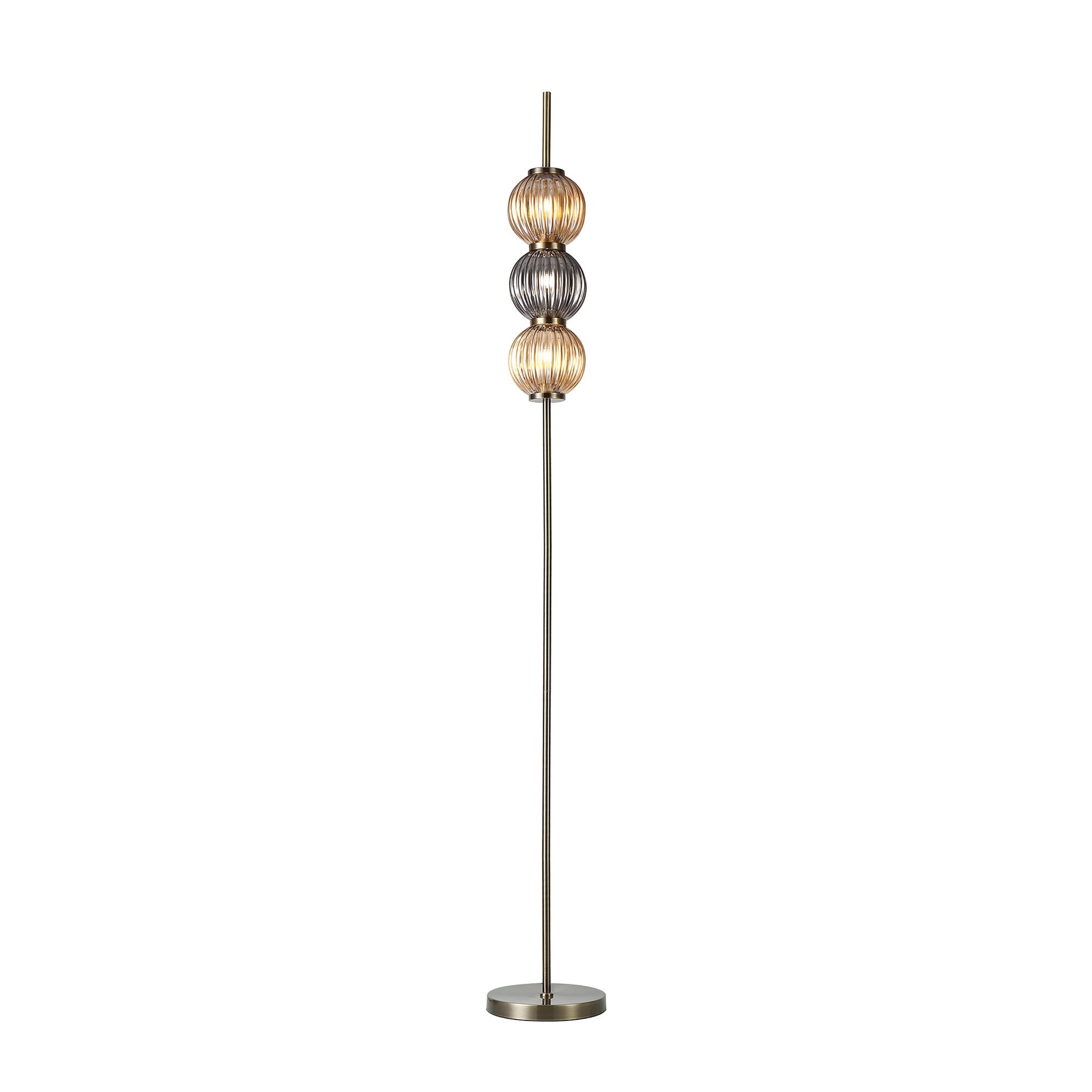 Fabula Churchill 3 Light Floor Lamp - Antique Brass, Smoked & Amber Glass