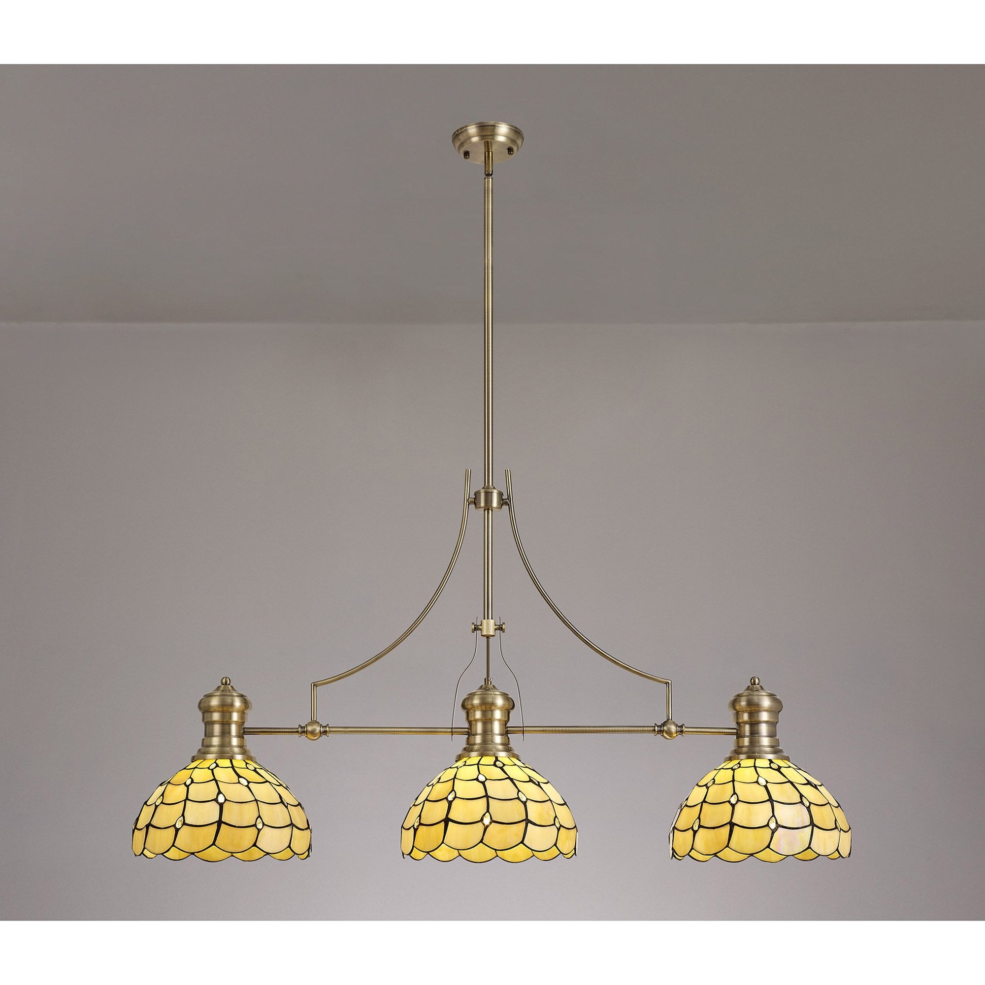 Fabula Crescent 3 Light Linear Pendant - 30cm Tiffany Shade - Antique Brass & Beige