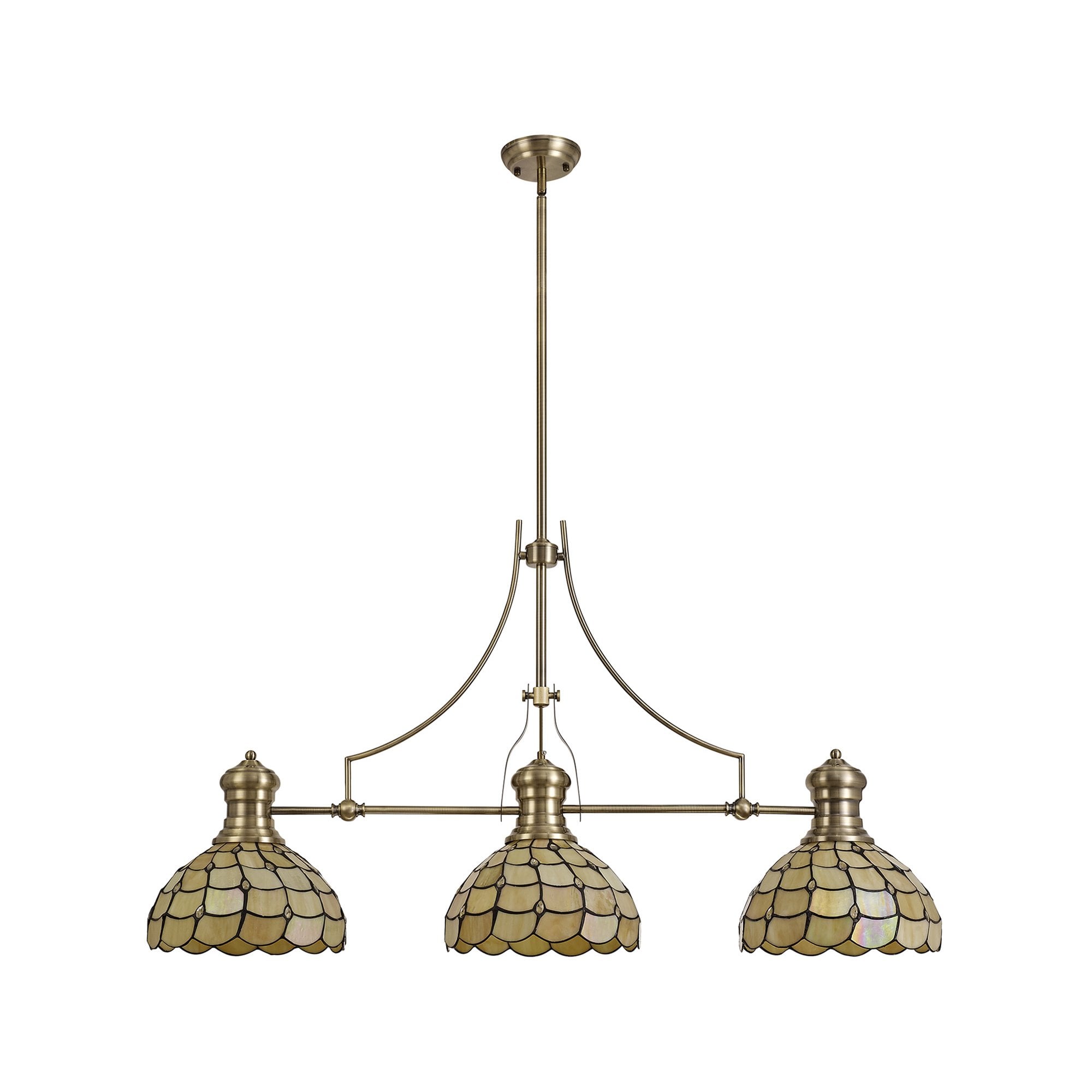 Fabula Crescent 3 Light Linear Pendant - 30cm Tiffany Shade - Antique Brass & Beige