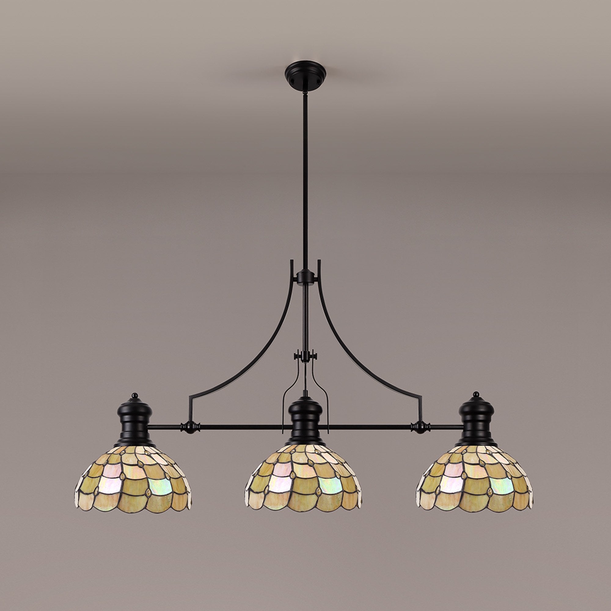 Fabula Crescent 3 Light Linear Pendant - 30cm Tiffany Shade - Matt Black & Beige