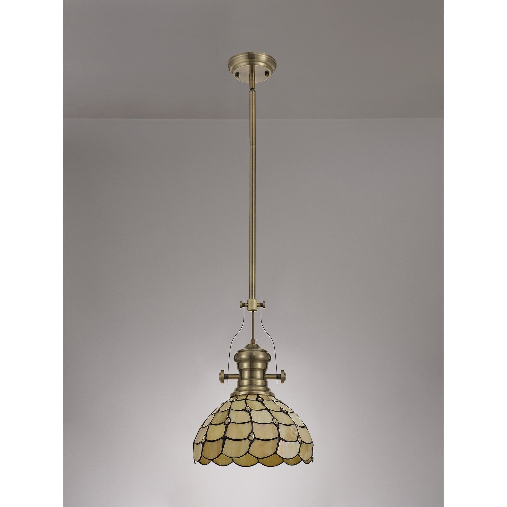 Fabula Crescent Single Pendant - 30cm Tiffany Shade - Antique Brass & Beige
