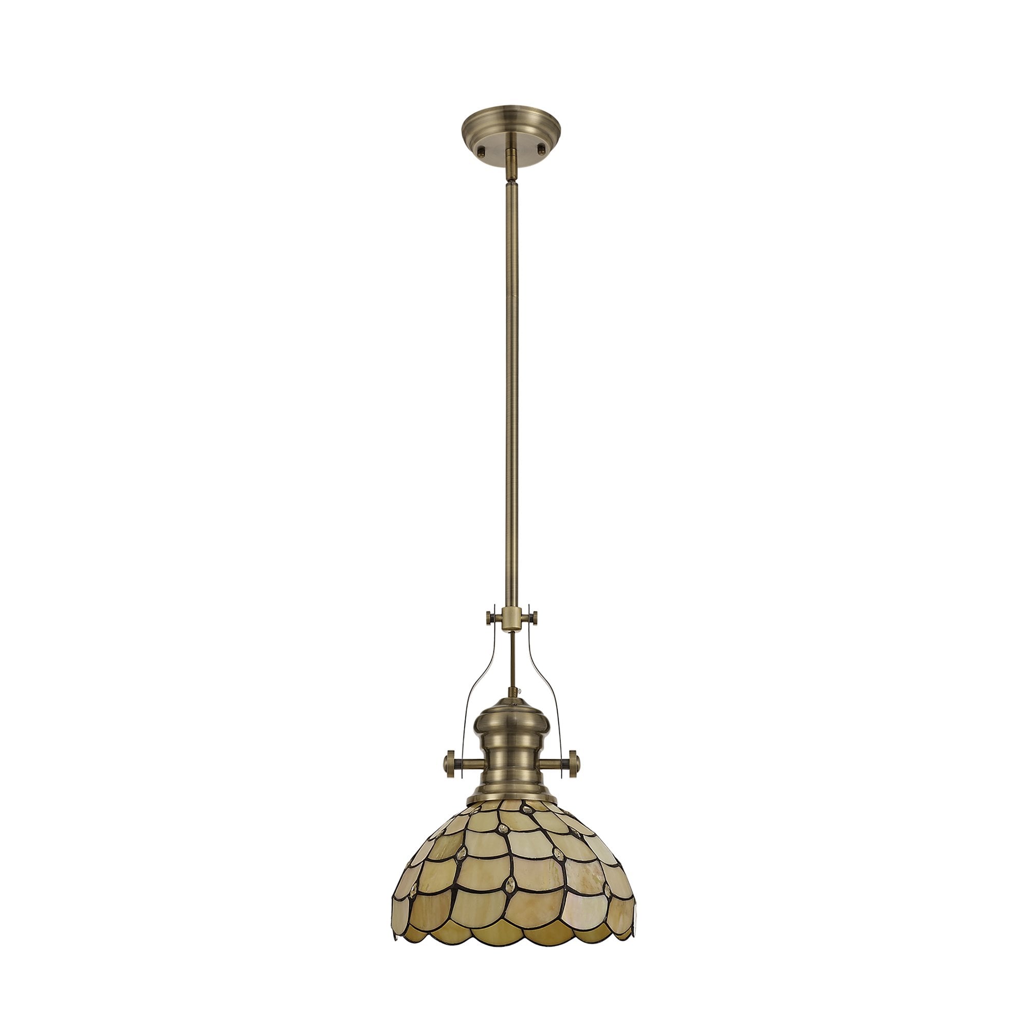 Fabula Crescent Single Pendant - 30cm Tiffany Shade - Antique Brass & Beige