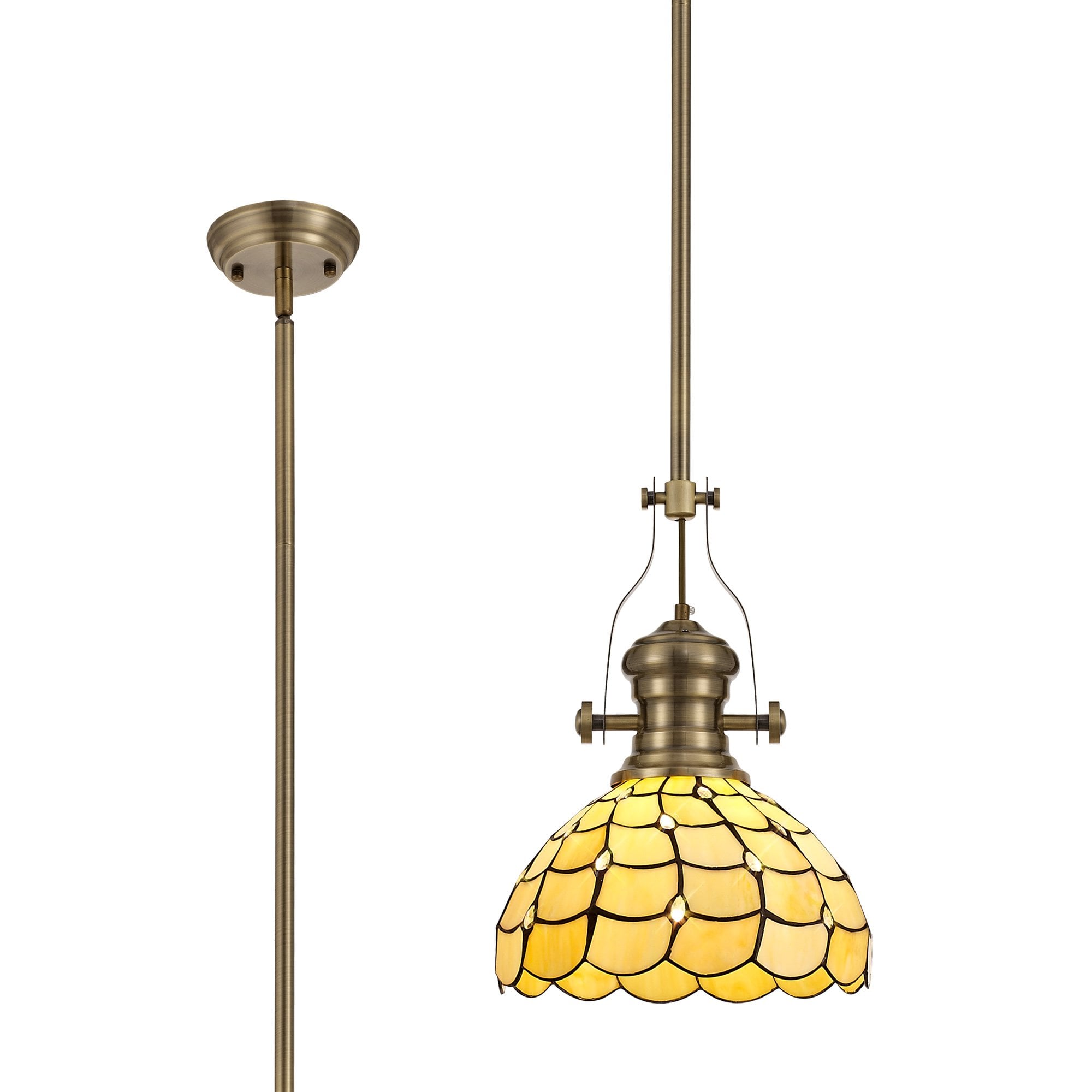 Fabula Crescent Single Pendant - 30cm Tiffany Shade - Antique Brass & Beige