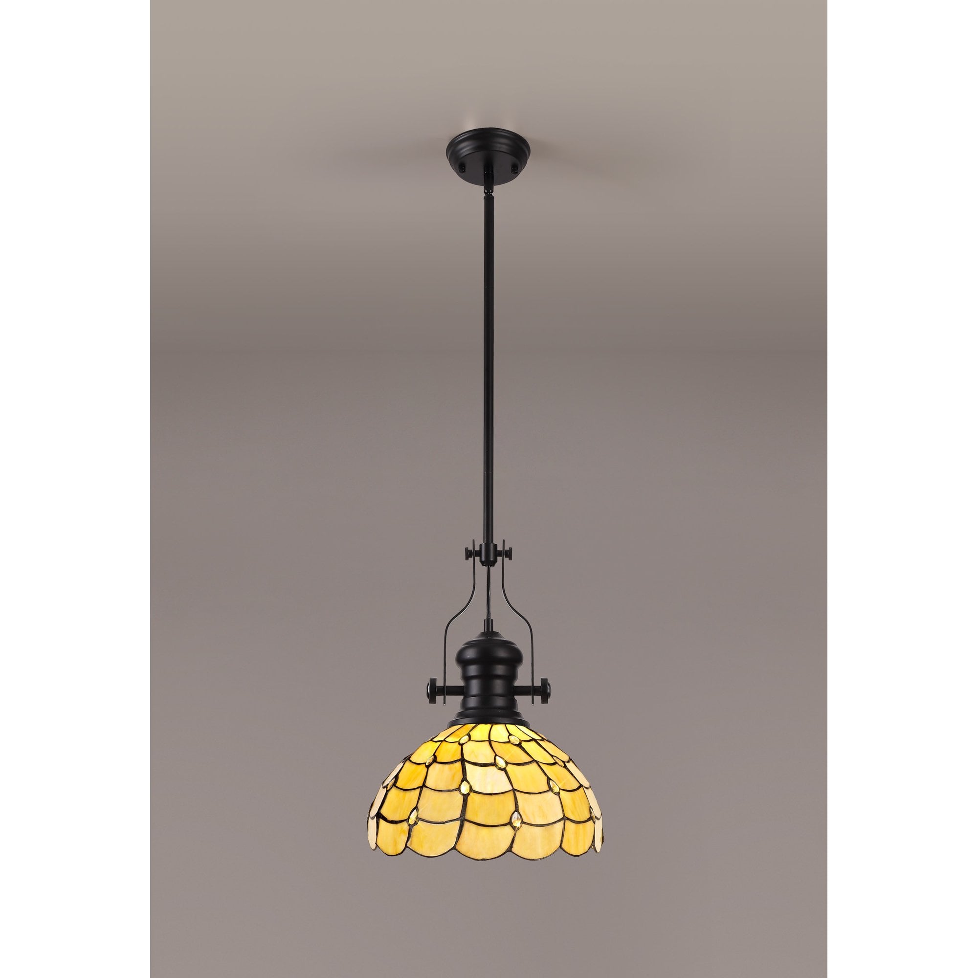 Fabula Crescent Single Pendant - 30cm Tiffany Shade - Matt Black & Beige