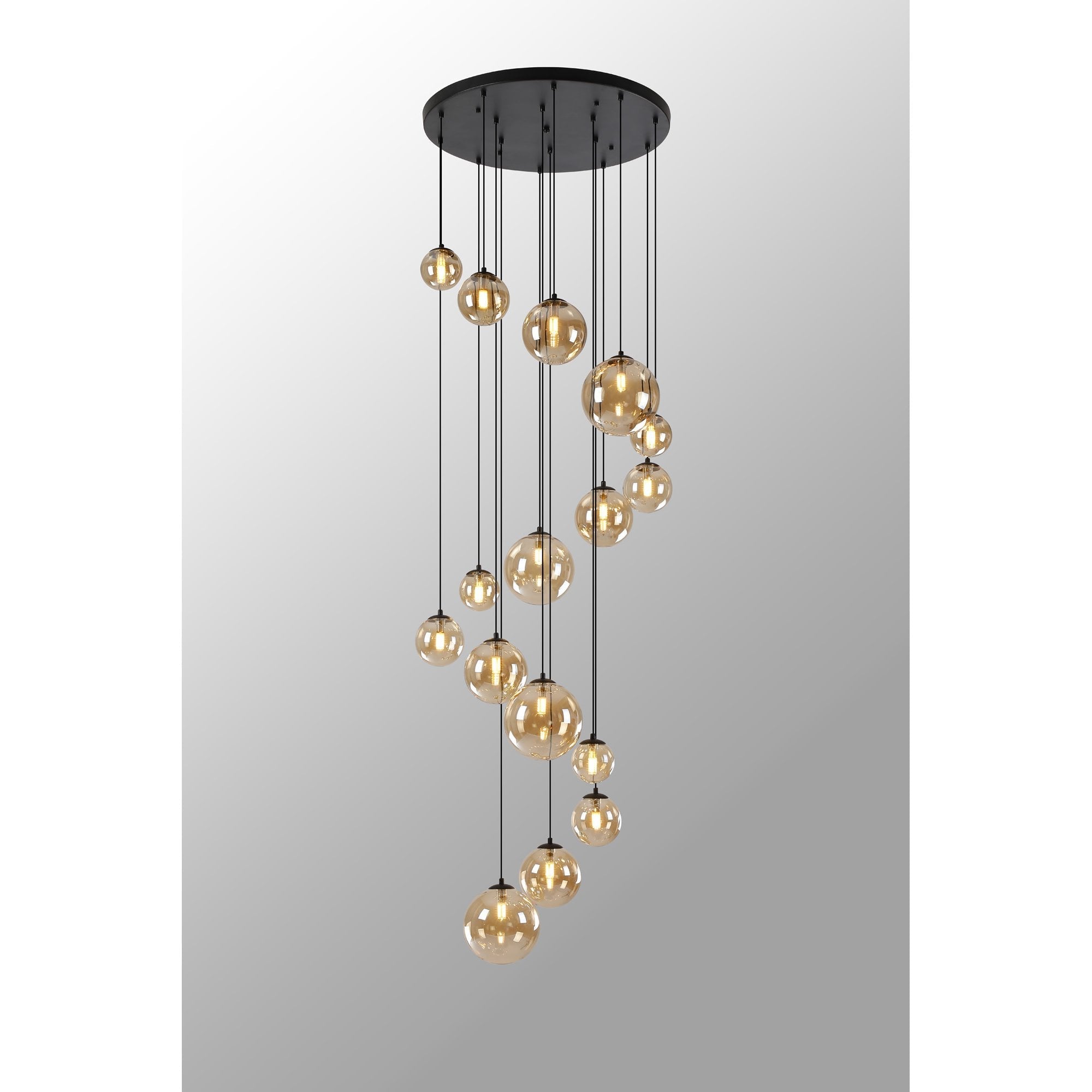 Fabula Deacon 16 Light Pendant - Satin Black & Amber Plated Glass