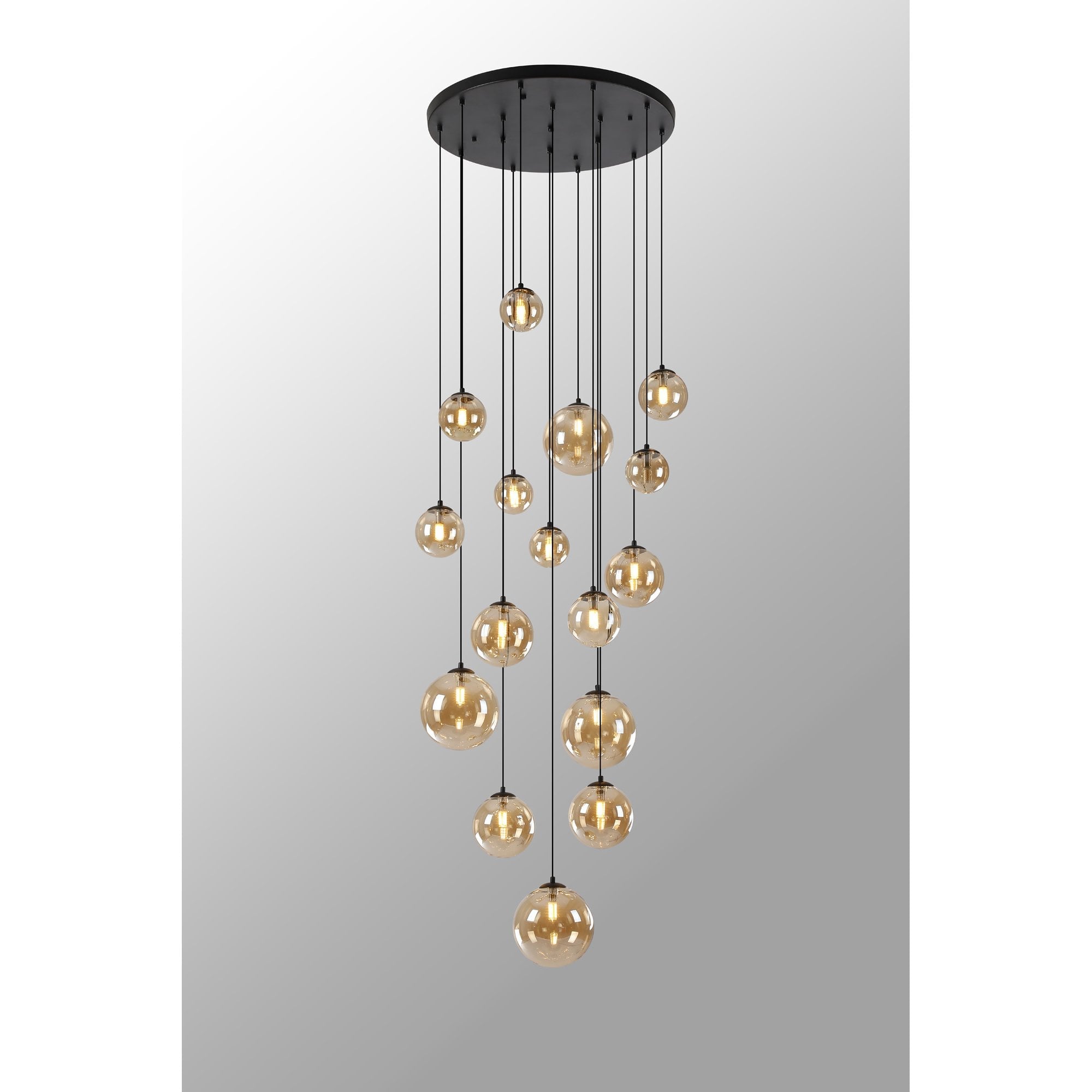 Fabula Deacon 16 Light Pendant - Satin Black & Amber Plated Glass