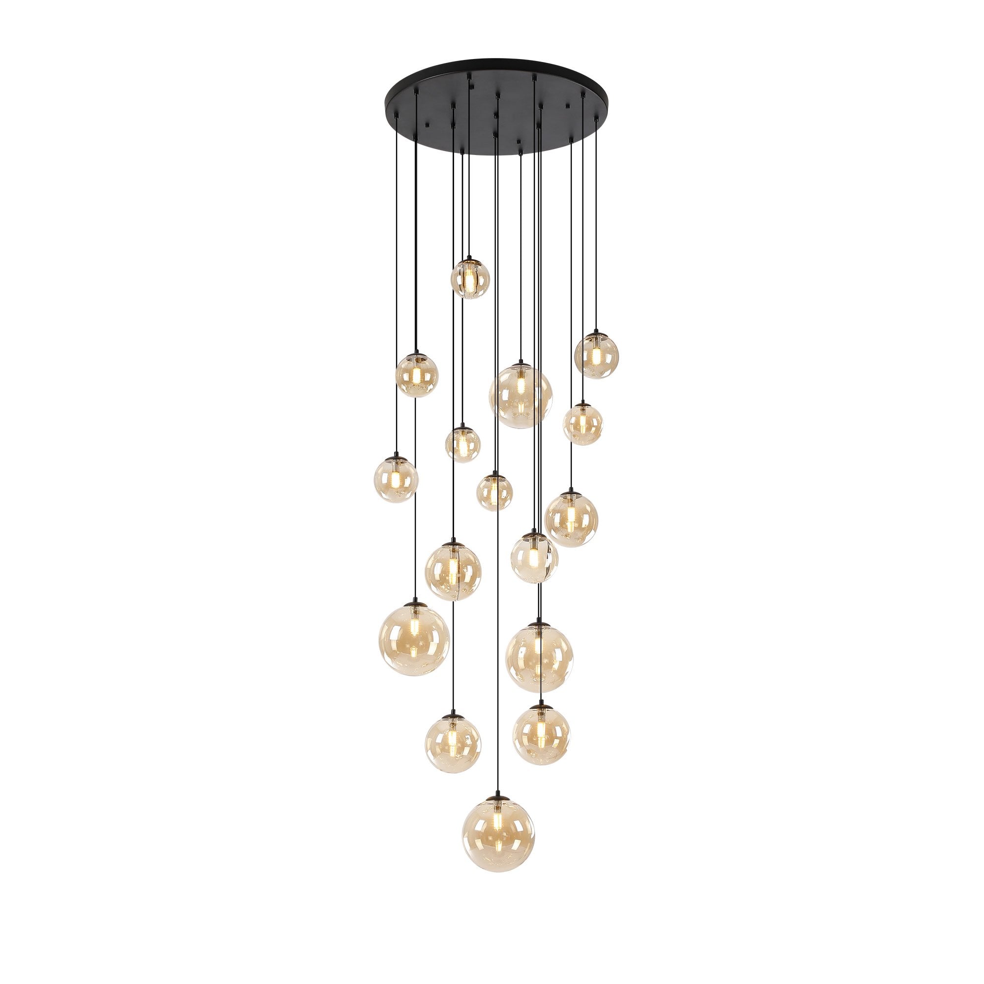 Fabula Deacon 16 Light Pendant - Satin Black & Amber Plated Glass