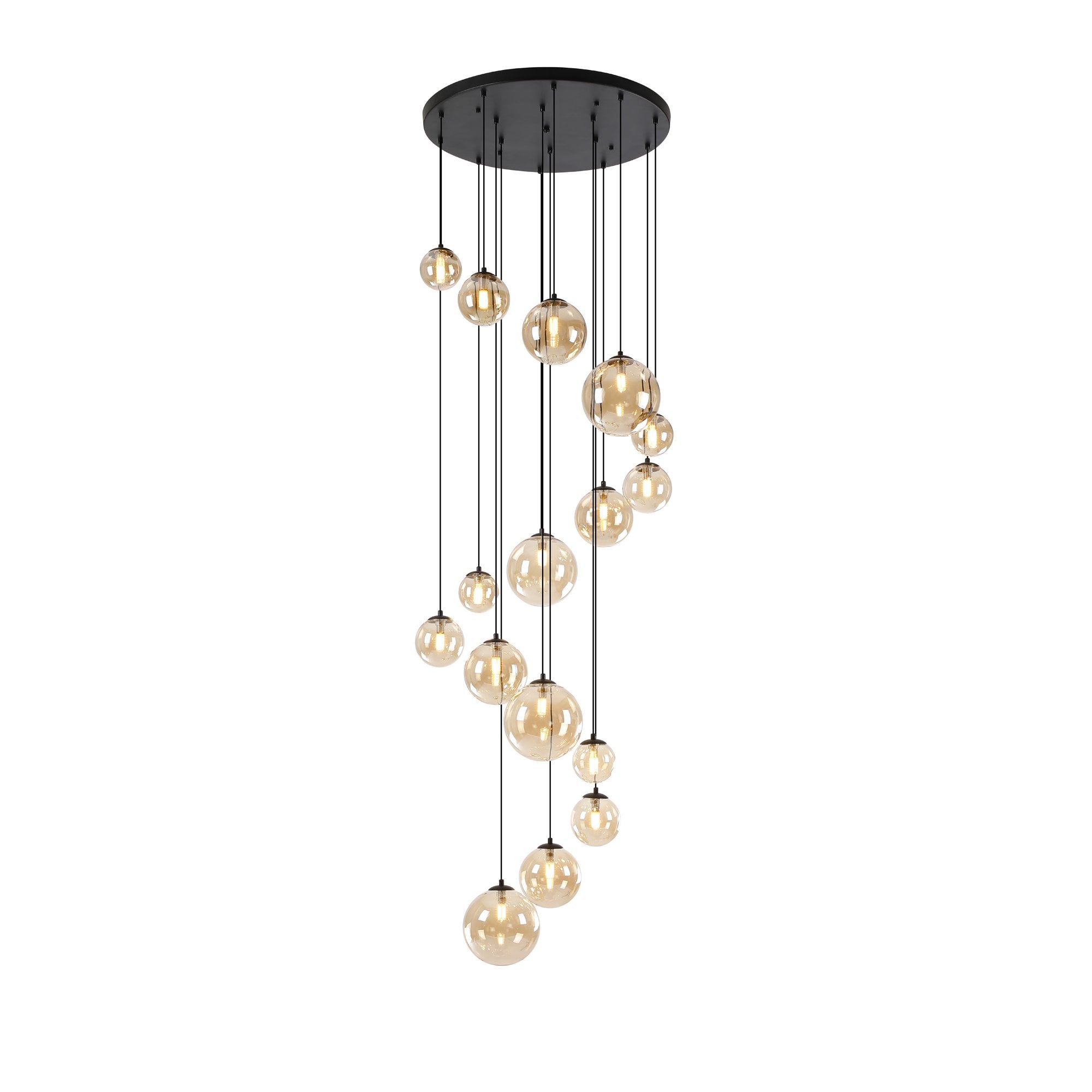 Fabula Deacon 16 Light Pendant - Satin Black & Amber Plated Glass