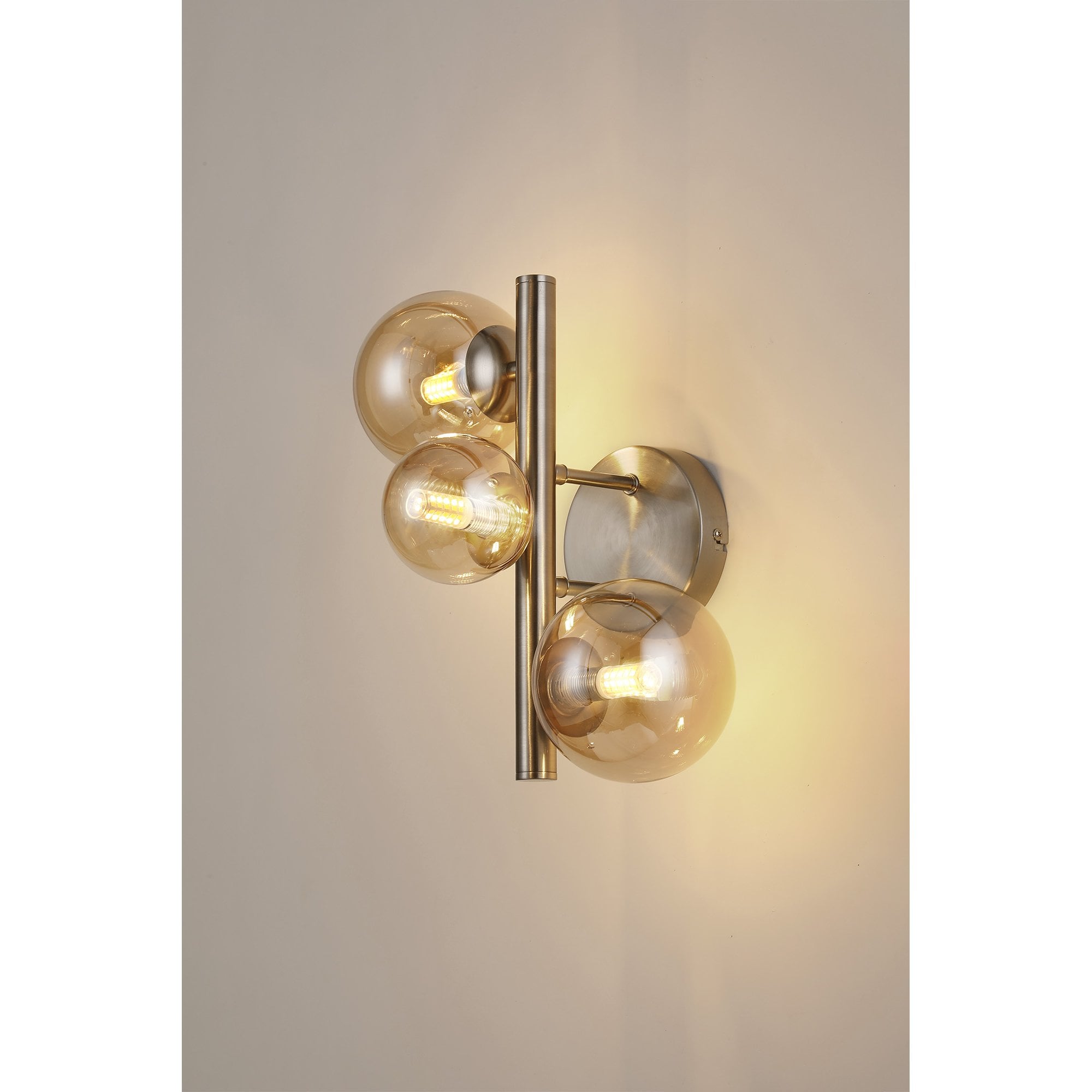 Fabula Deacon 3 Light Wall Lamp - Satin Nickel & Amber Plated Glass