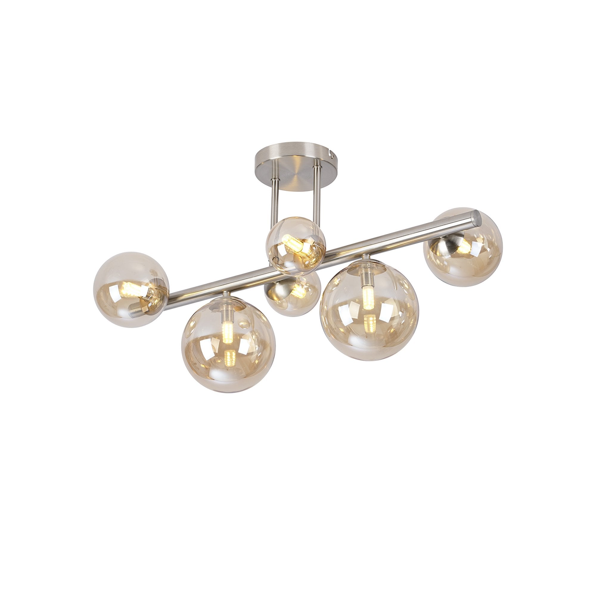 Fabula Deacon 6 Light Semi-Flush Light - Satin Nickel & Amber Plated Glass