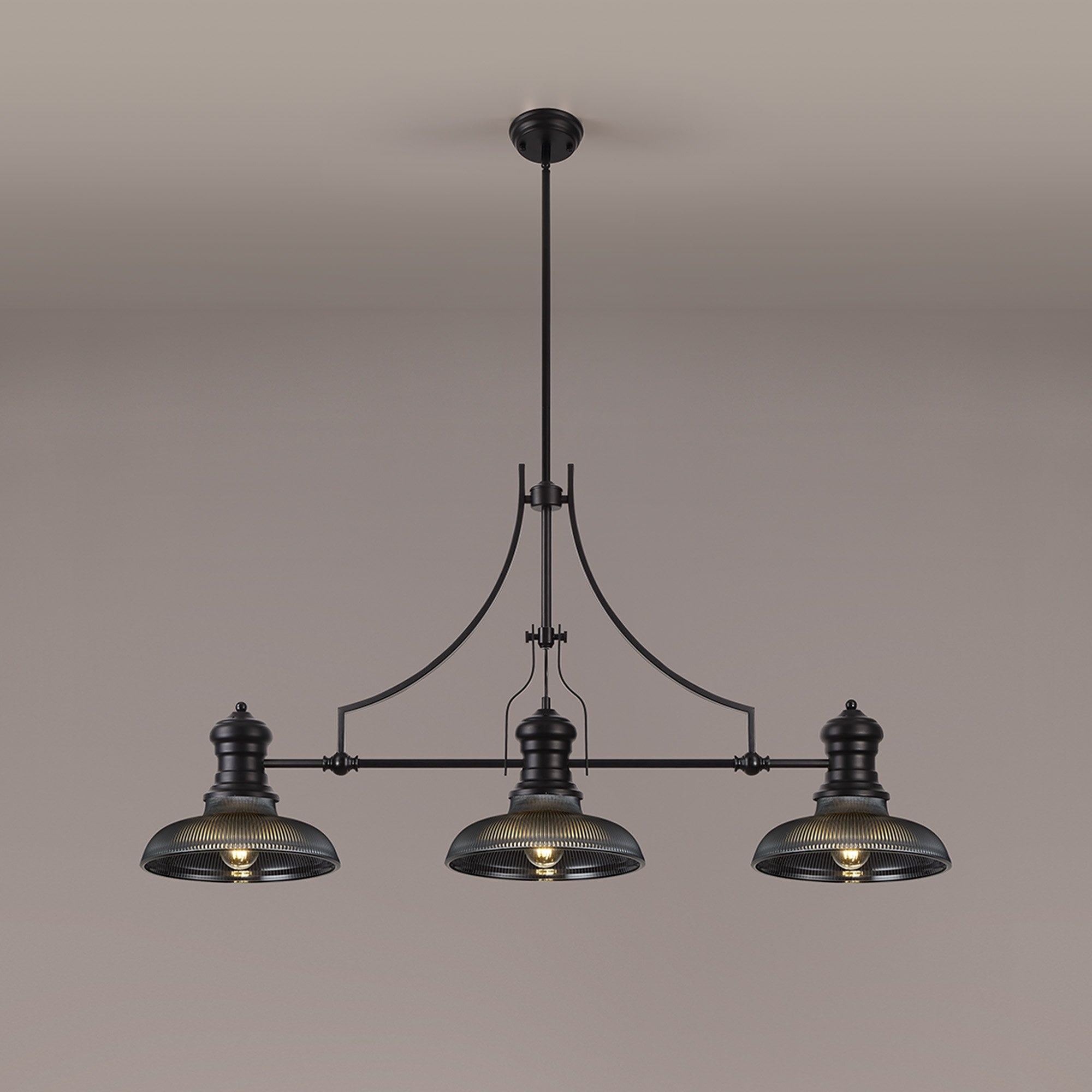 Fabula Epping 3 Light Linear Pendant - 30cm Round Glass Shades - Matt Black, Smoked Glass