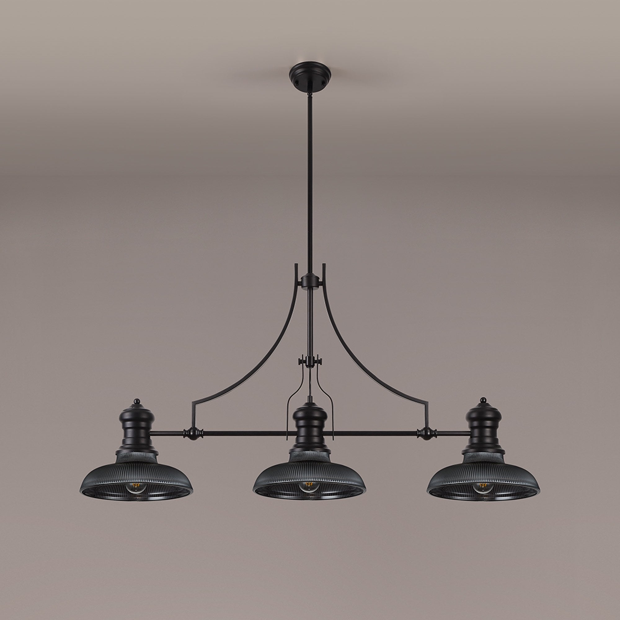 Fabula Epping 3 Light Linear Pendant - 30cm Round Glass Shades - Matt Black, Smoked Glass