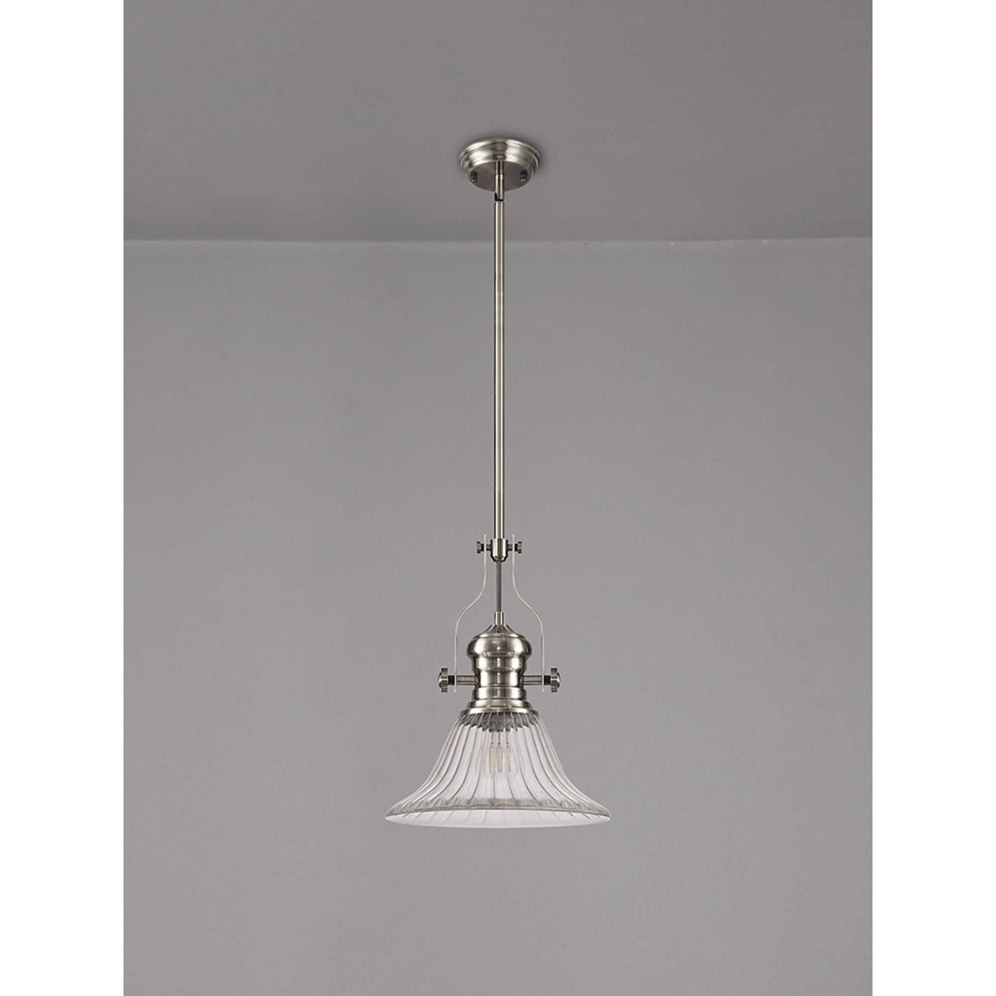 Fabula Epping Single Pendant - 30cm Bell Glass Shade - Satin Nickel & Clear Glass