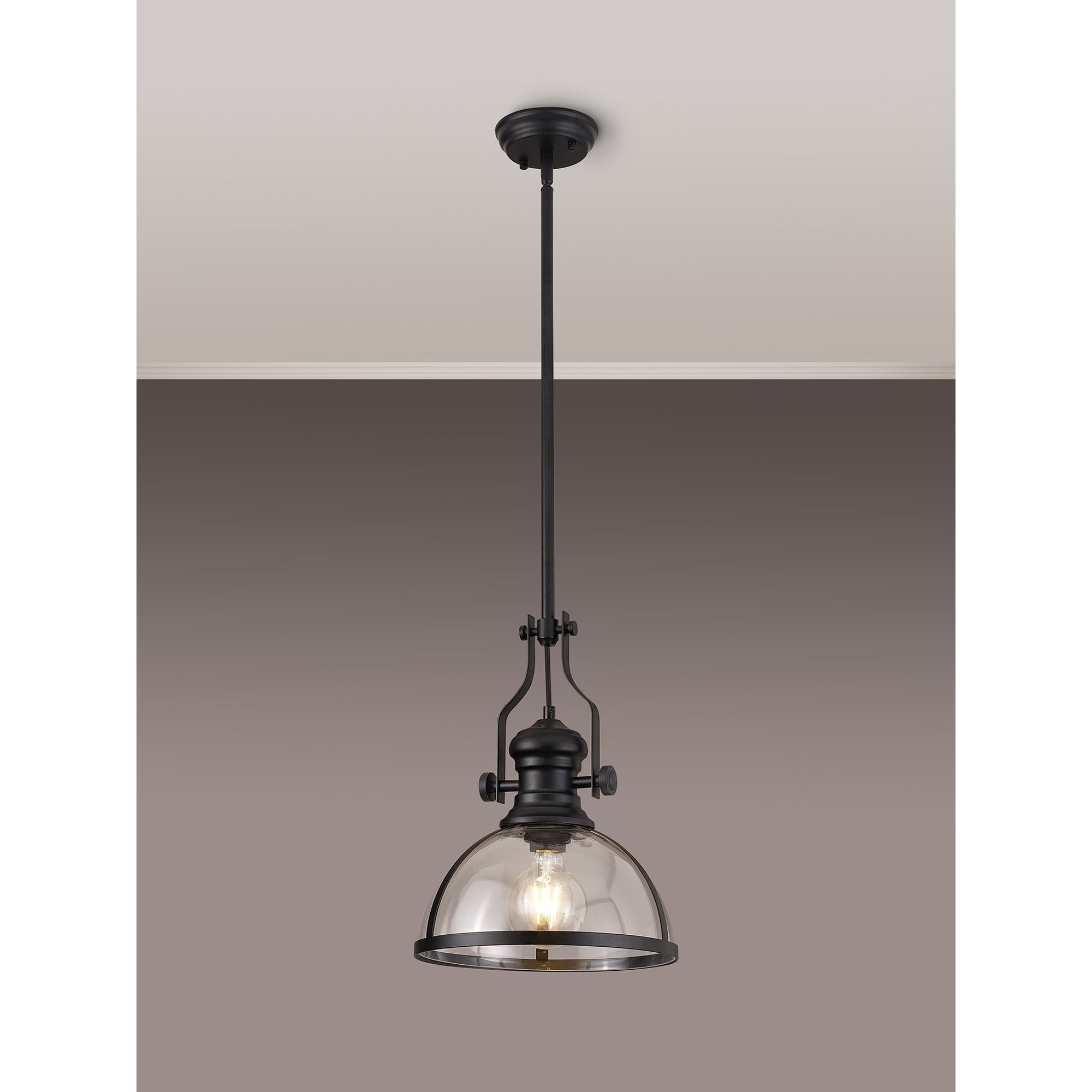 Fabula Epping Single Pendant - 30cm Round Glass Shade - Matt Black & Clear Glass