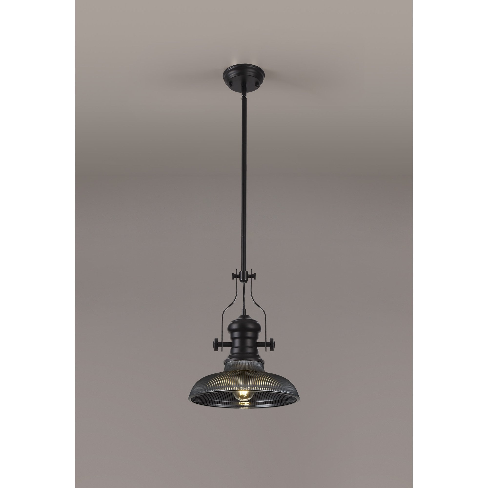 Fabula Epping Single Pendant - 30cm Round Glass Shade - Matt Black & Smoked Glass