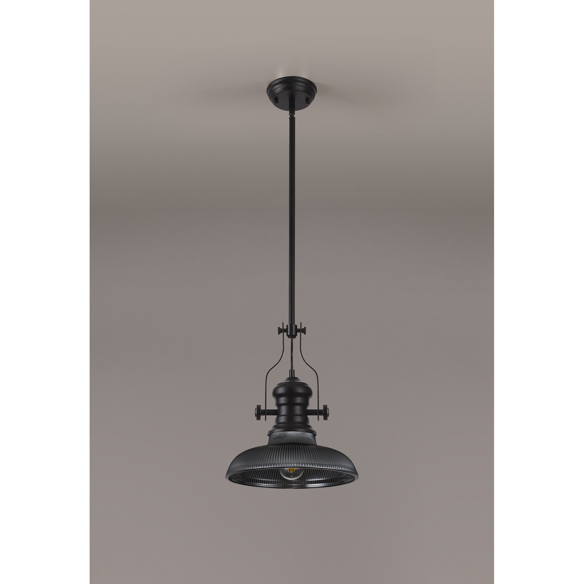 Fabula Epping Single Pendant - 30cm Round Glass Shade - Matt Black & Smoked Glass