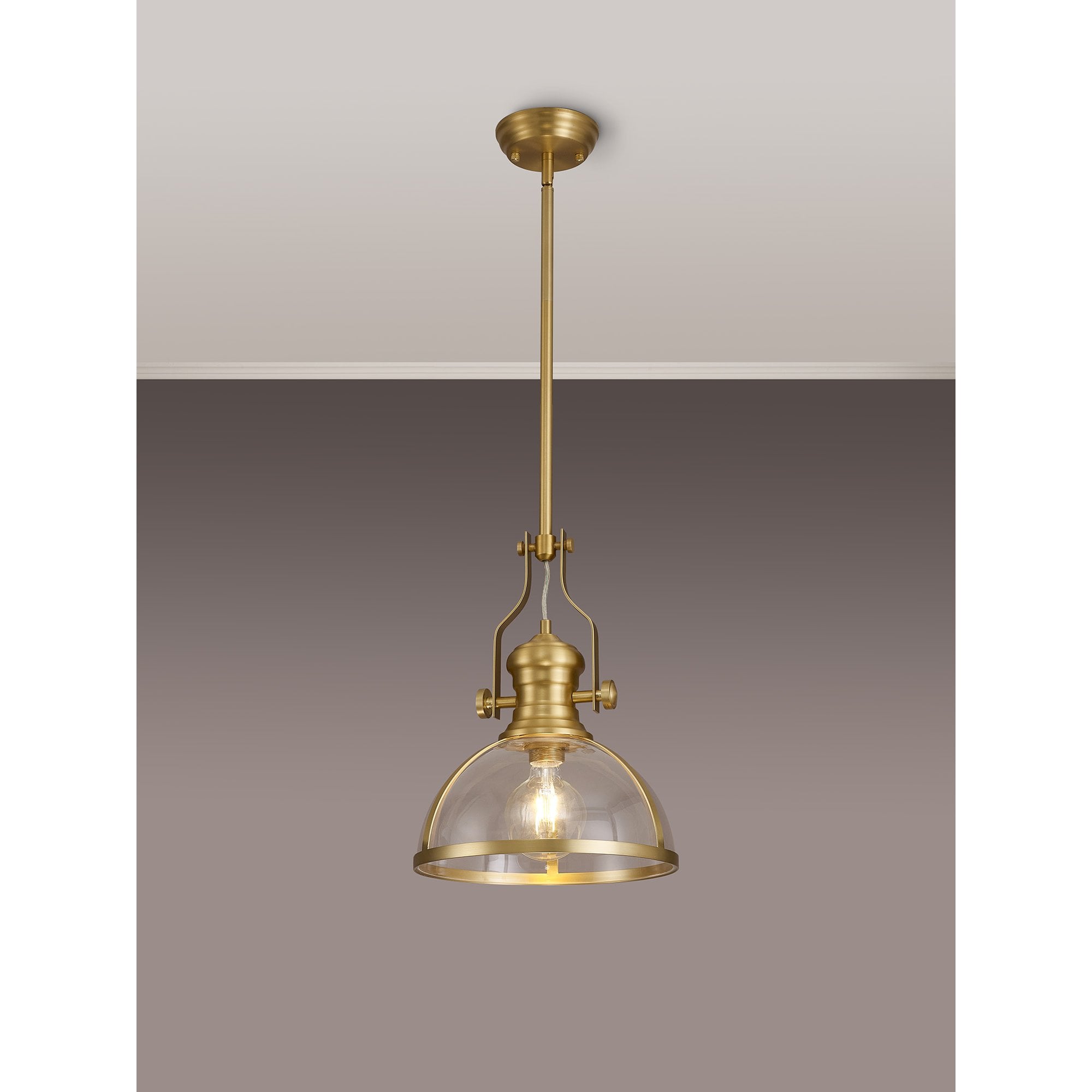 Fabula Epping Single Pendant - 30cm Round Glass Shade - Satin Gold & Clear Glass