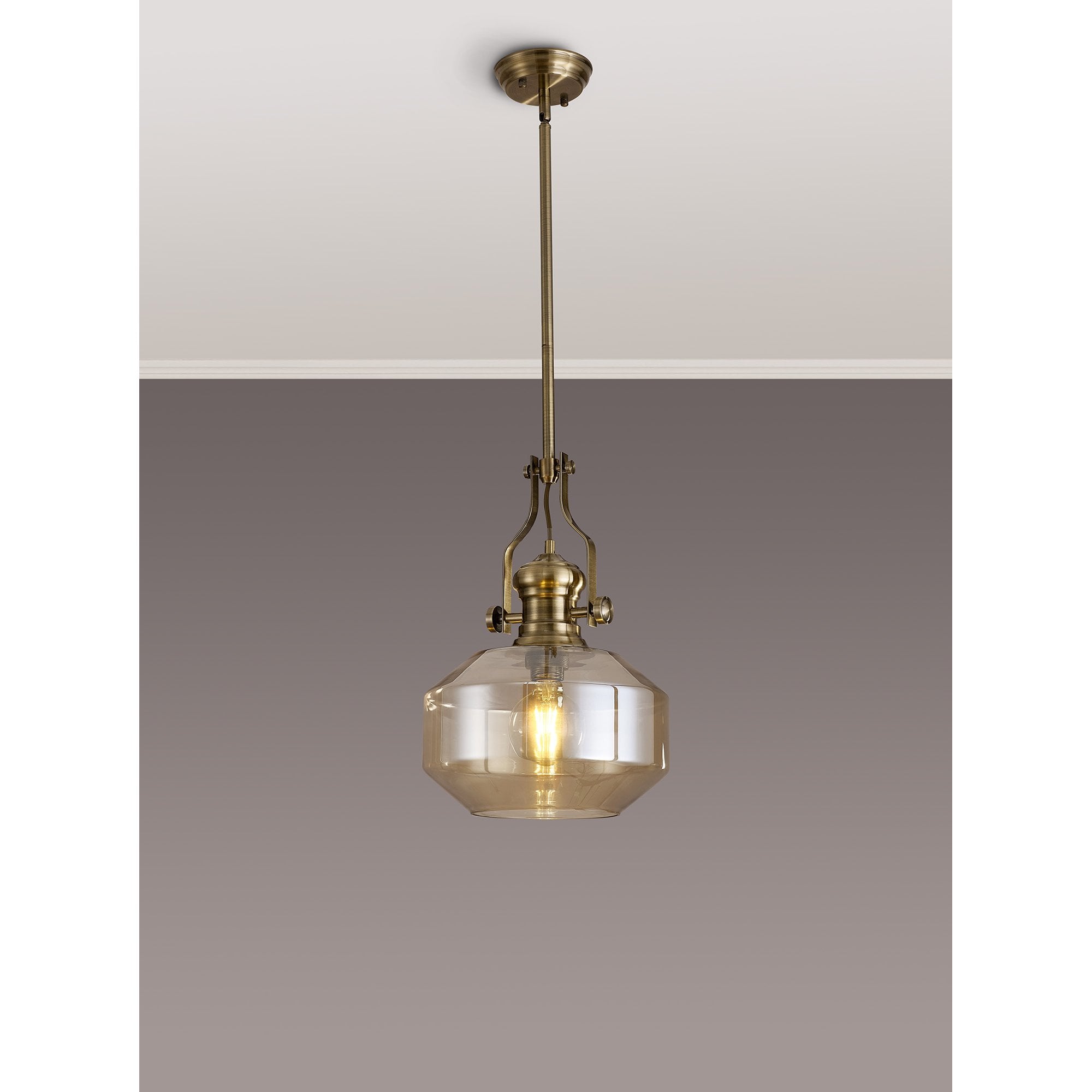 Fabula Epping Single Pendant - Round Champfered Glass Shade - Antique Brass & Cognac Glass