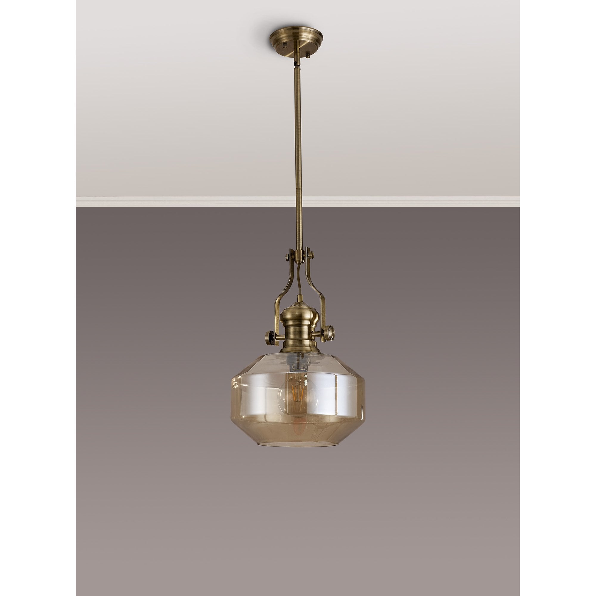 Fabula Epping Single Pendant - Round Champfered Glass Shade - Antique Brass & Cognac Glass