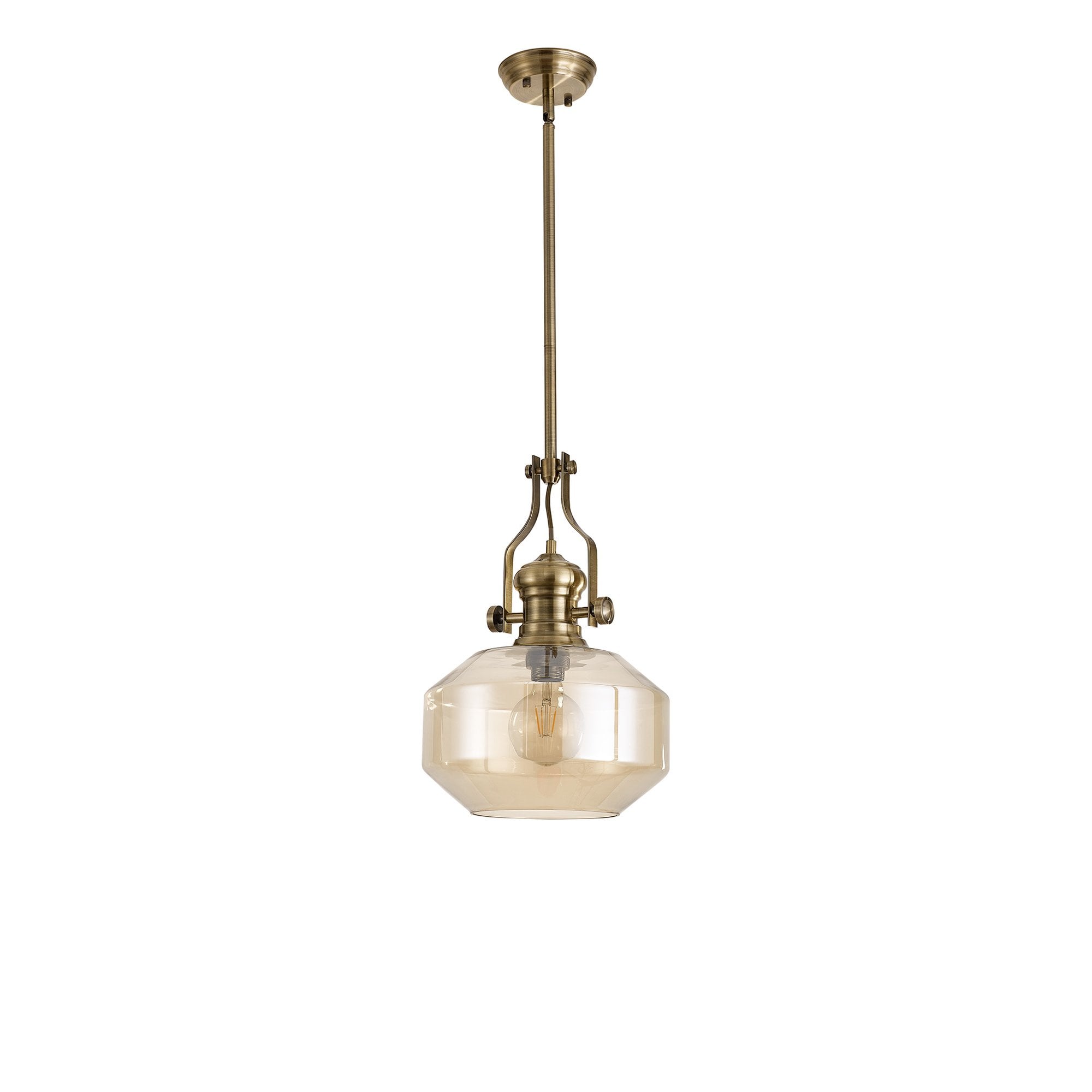 Fabula Epping Single Pendant - Round Champfered Glass Shade - Antique Brass & Cognac Glass
