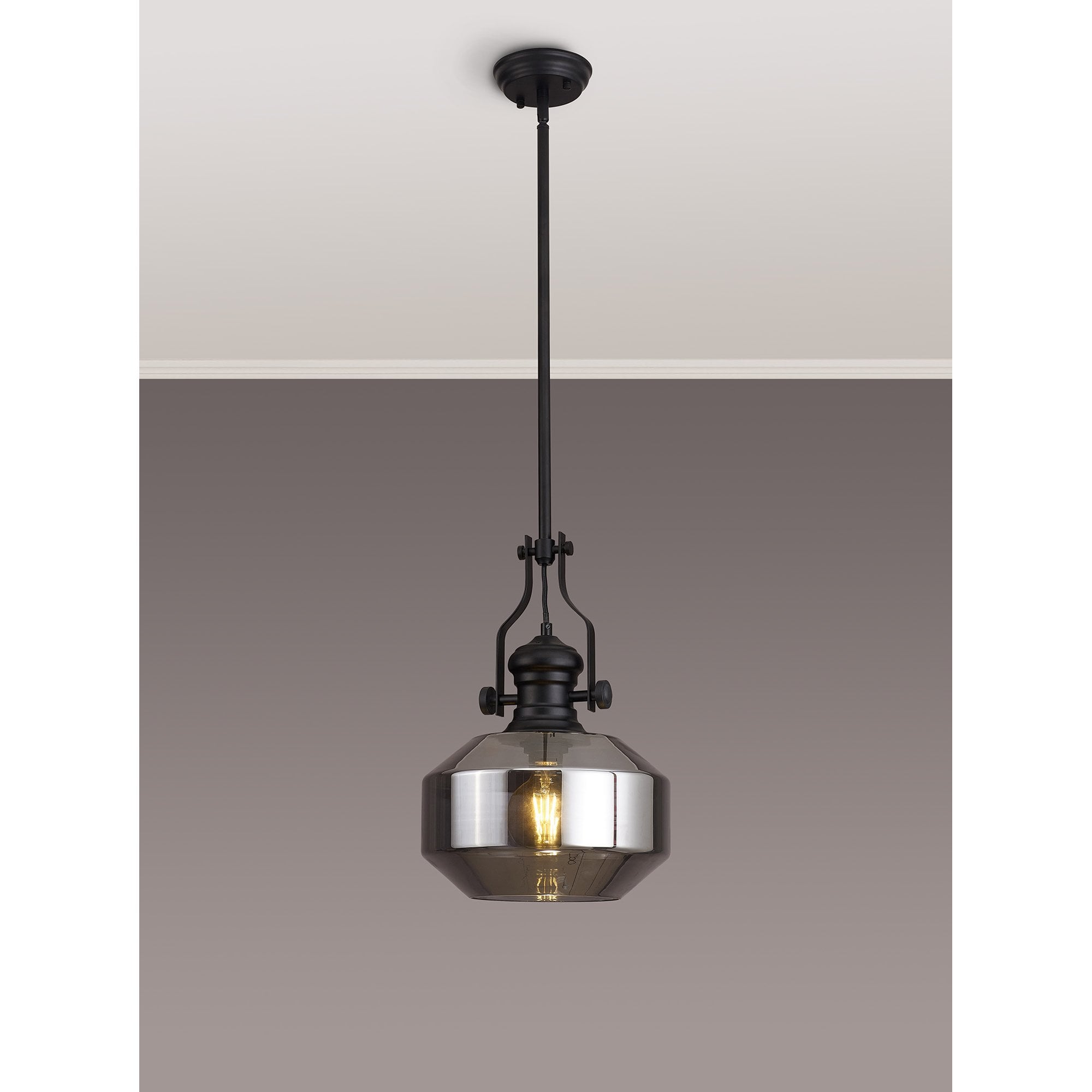 Fabula Epping Single Pendant - Round Champfered Glass Shade - Matt Black & Smoked Glass