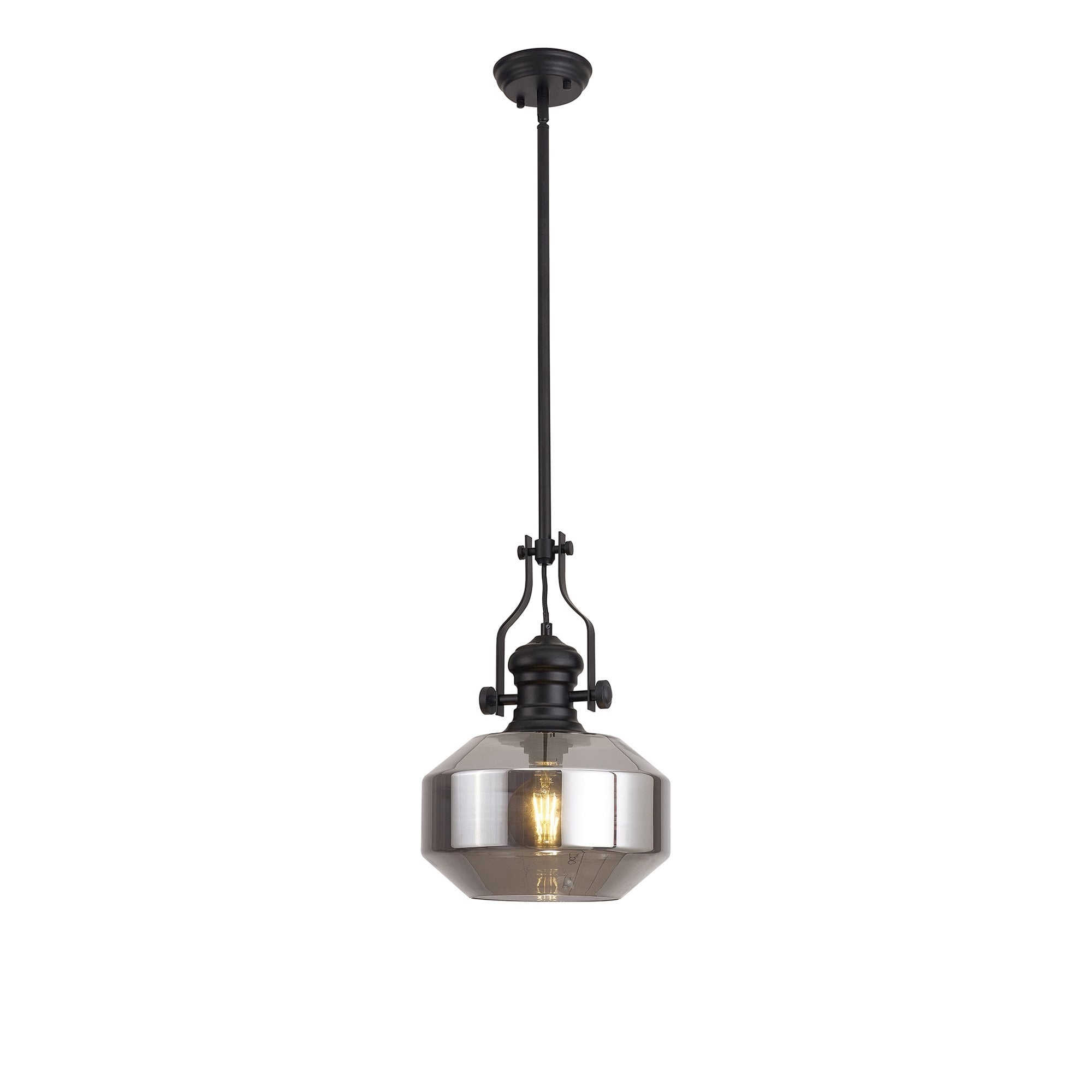 Fabula Epping Single Pendant - Round Champfered Glass Shade - Matt Black & Smoked Glass