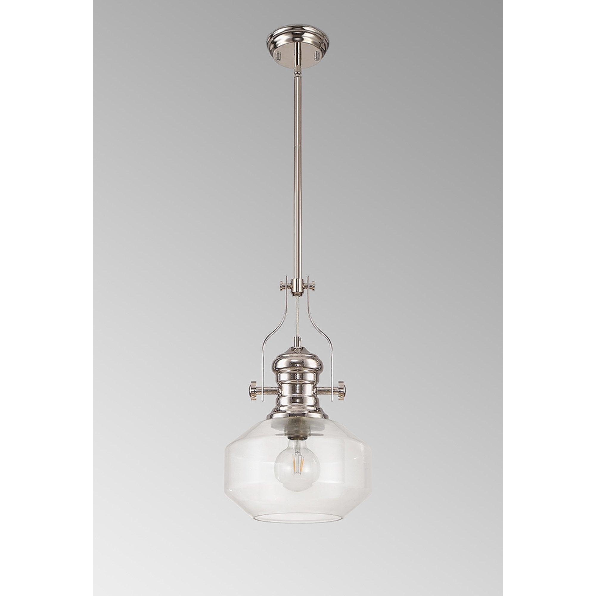 Fabula Epping Single Pendant - Round Champfered Glass Shade - Polished Nickel & Clear Glass