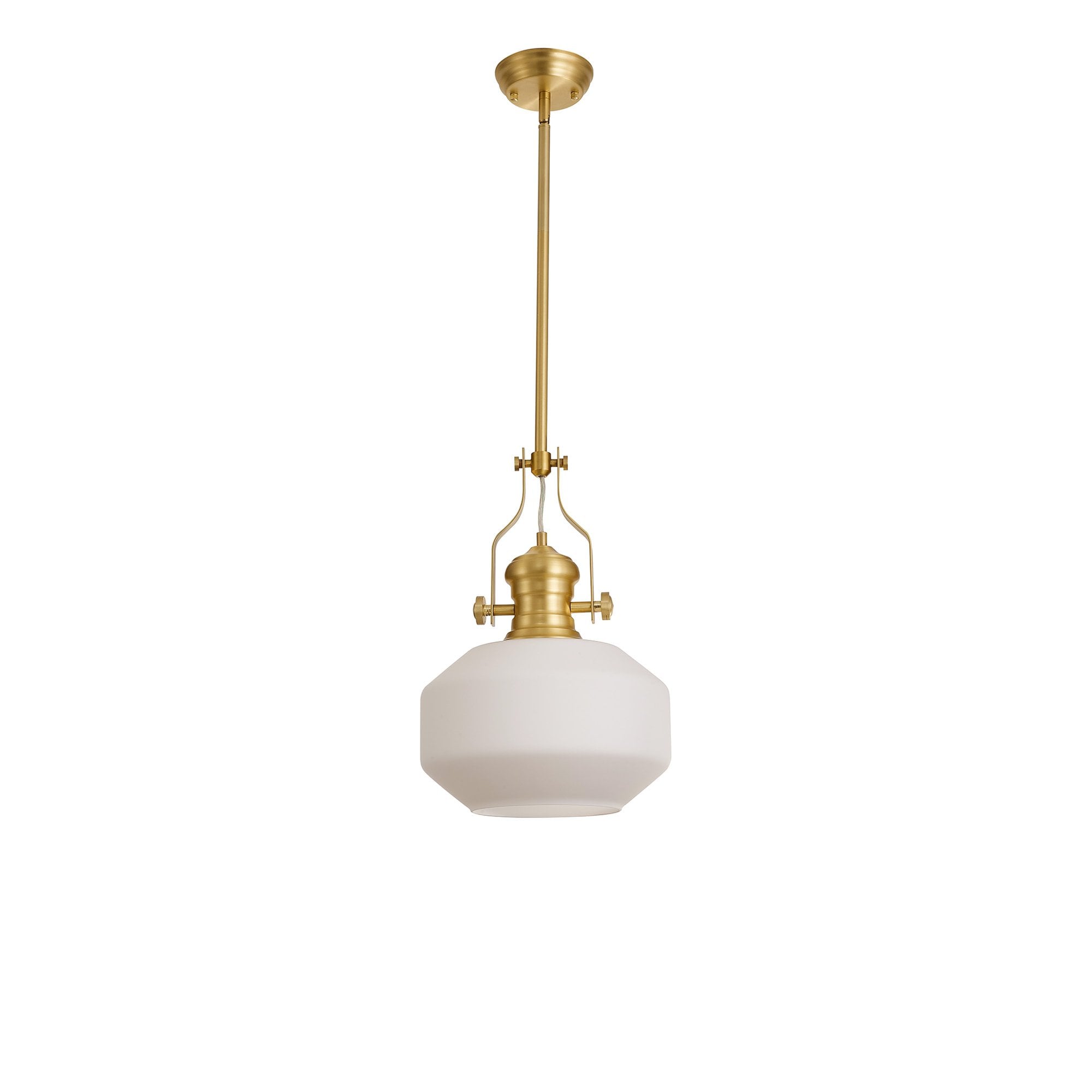 Fabula Epping Single Pendant - Round Champfered Glass Shade - Satin Gold & Opal Glass