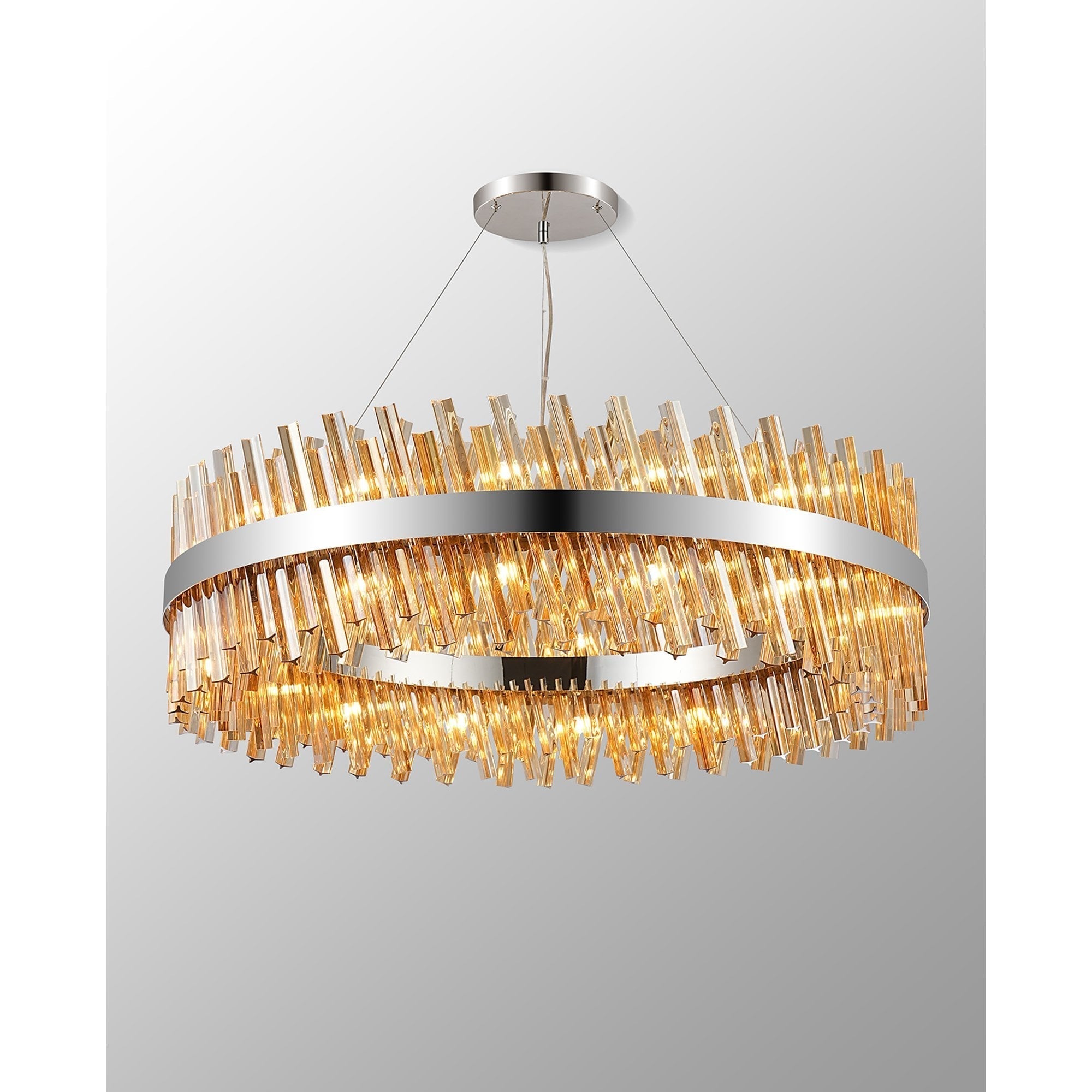 Fabula Farnley 32 Light Round Pendant - Polished Nickel & Amber Glass
