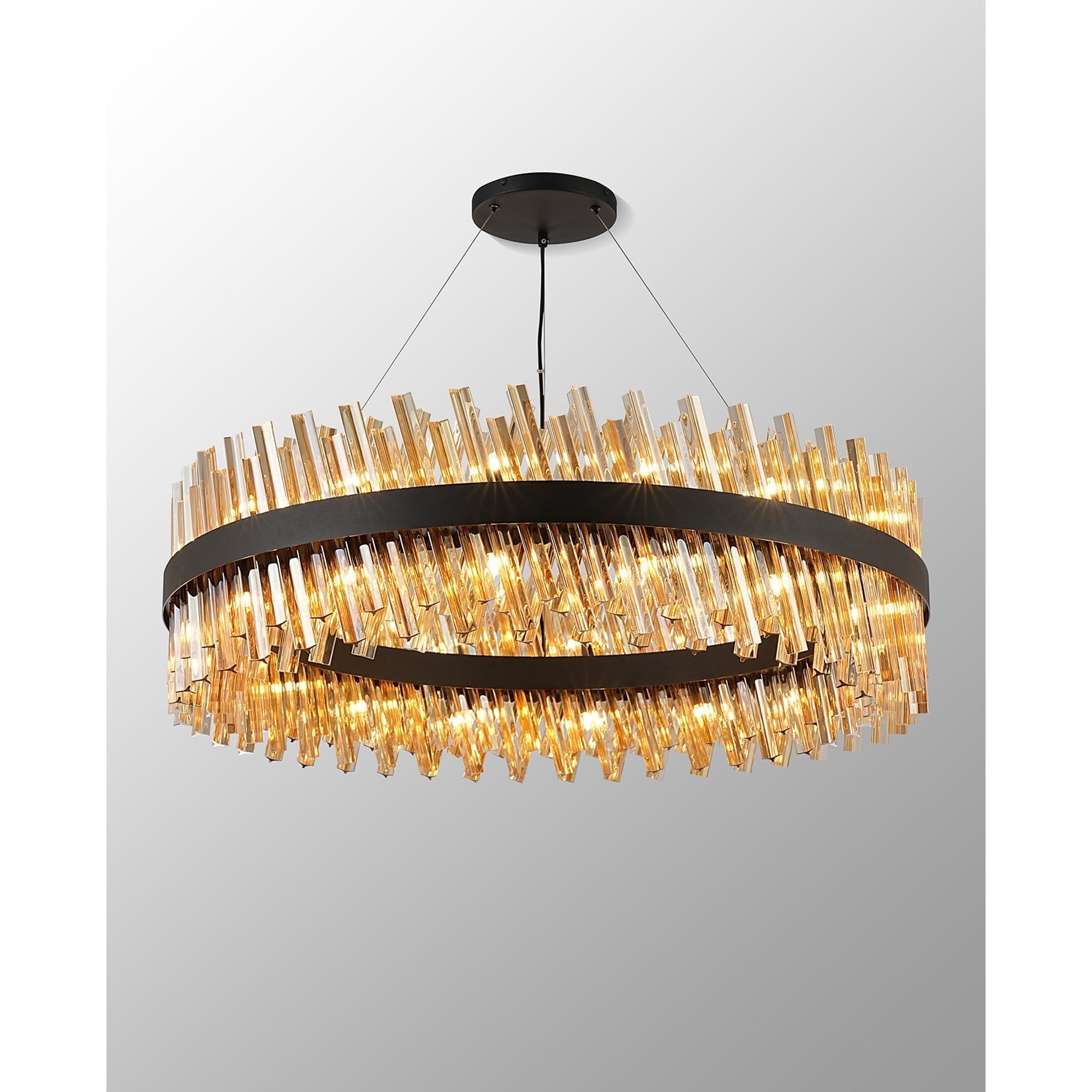 Fabula Farnley 32 Light Round Pendant - Satin Black & Amber Glass