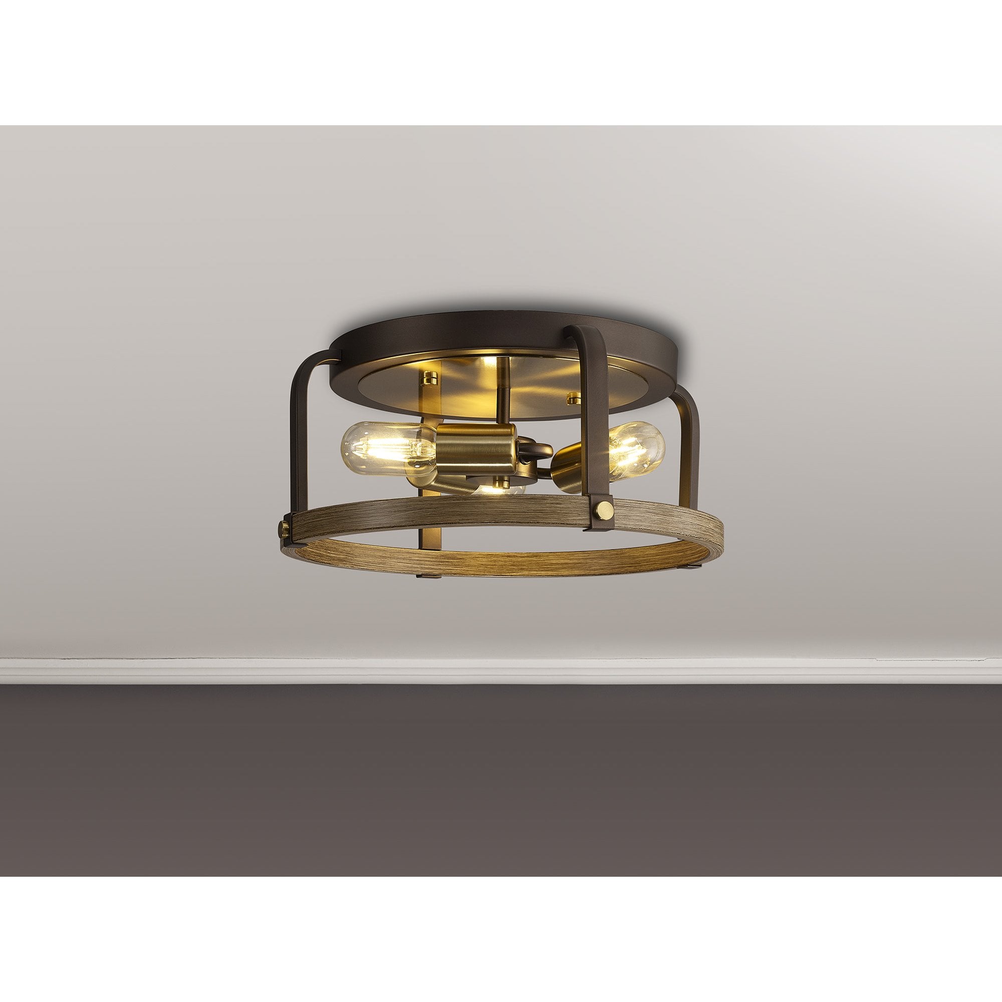 Fabula Faversham 3 Light Round Flush Light - Antique Bronze, Brown Oxide & Wood