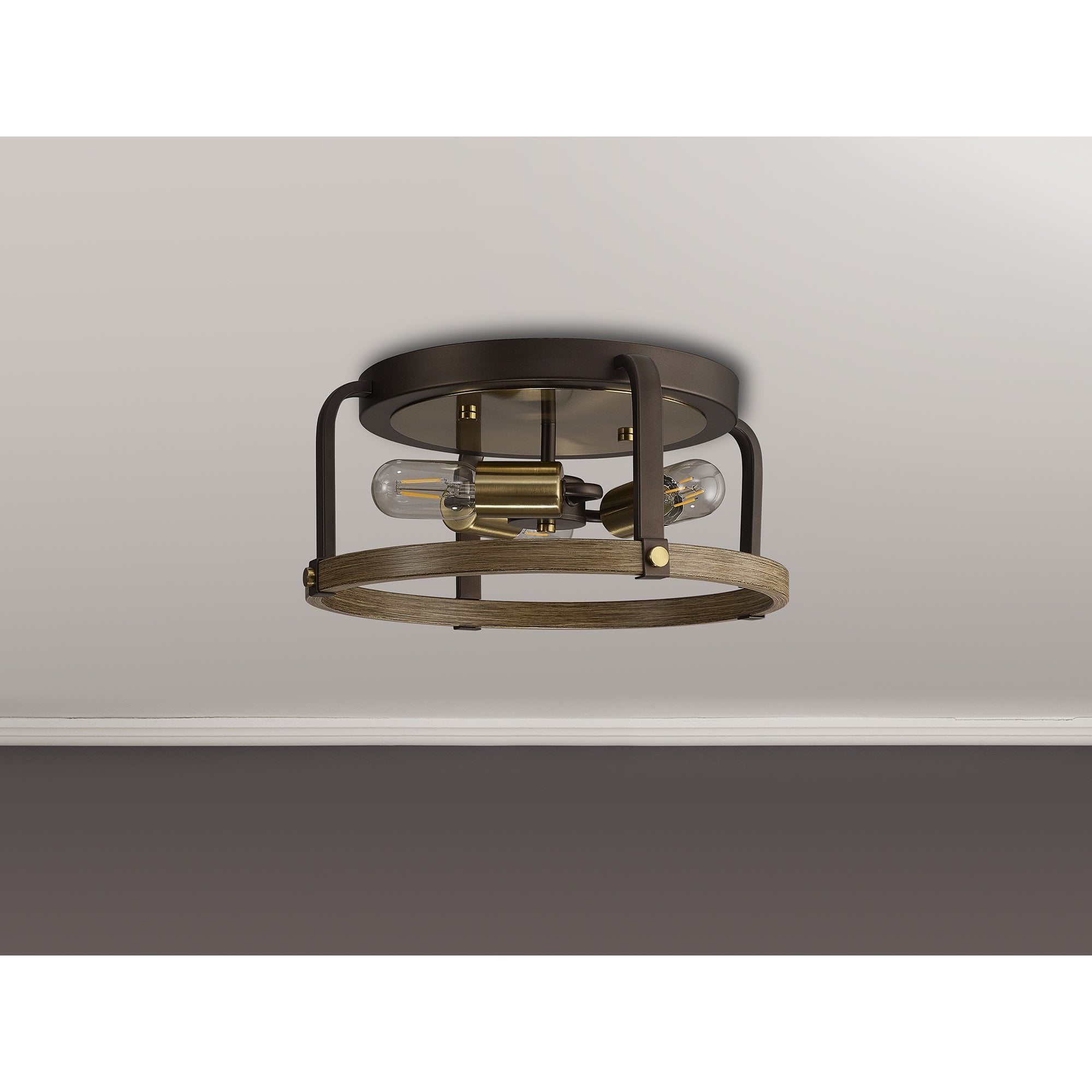 Fabula Faversham 3 Light Round Flush Light - Antique Bronze, Brown Oxide & Wood