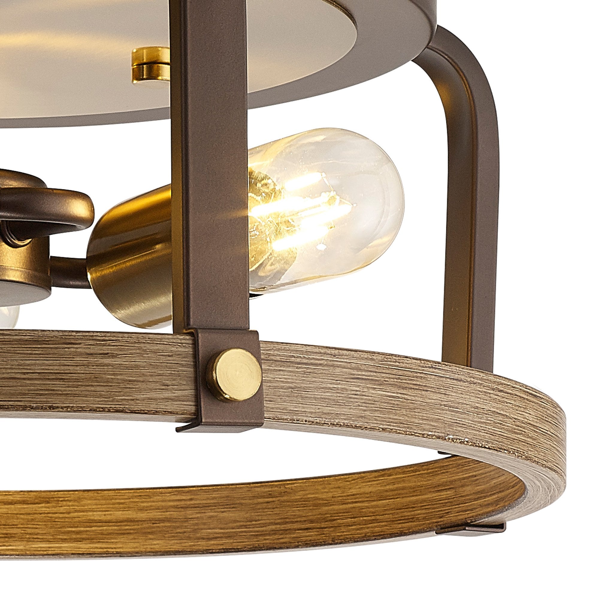 Fabula Faversham 3 Light Round Flush Light - Antique Bronze, Brown Oxide & Wood