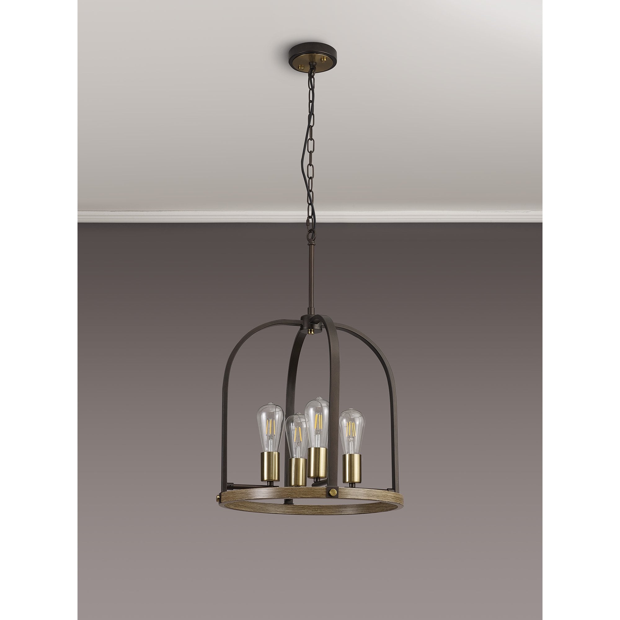Fabula Faversham 4 Light Round Pendant - Antique Bronze, Brown Oxide & Wood