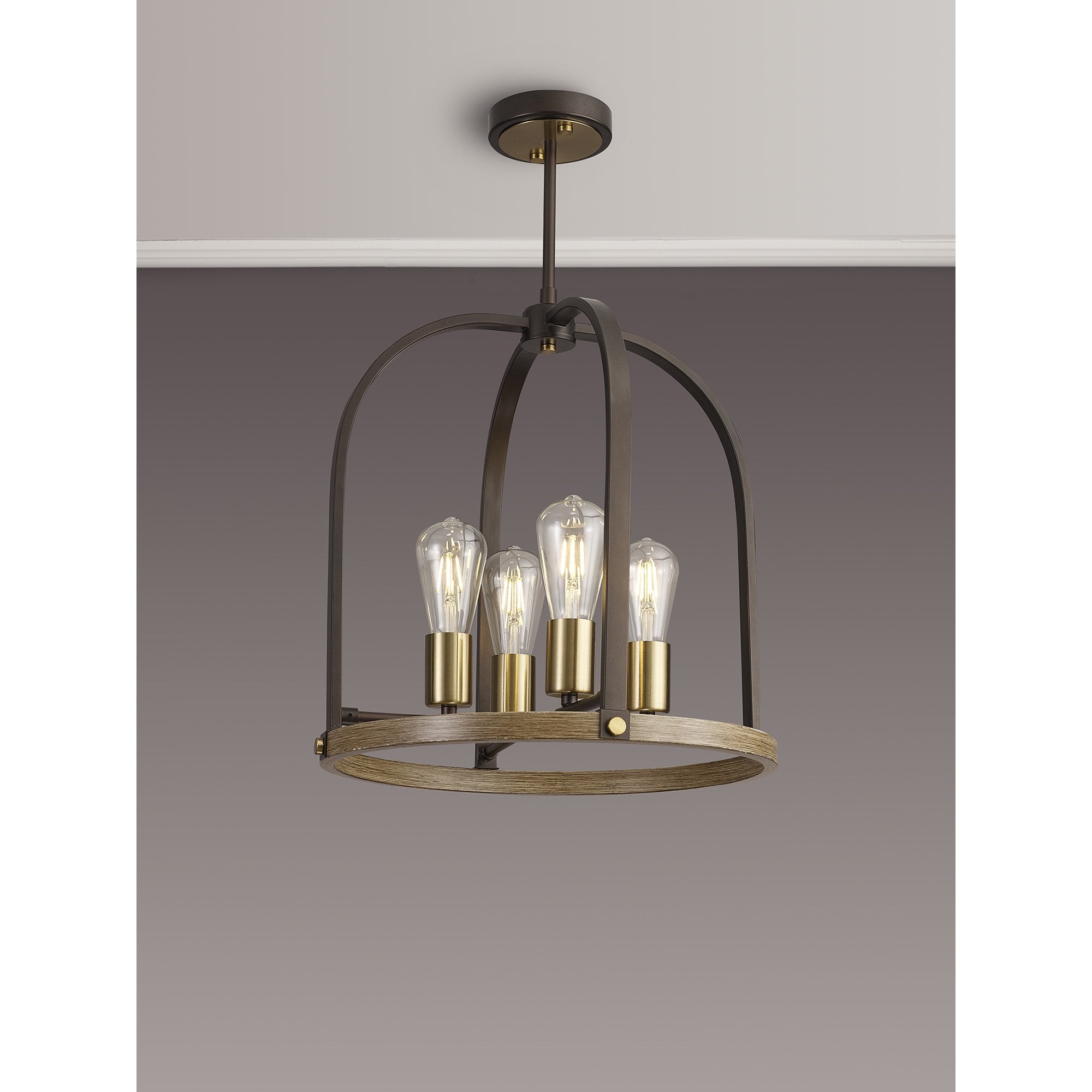 Fabula Faversham 4 Light Round Pendant - Antique Bronze, Brown Oxide & Wood
