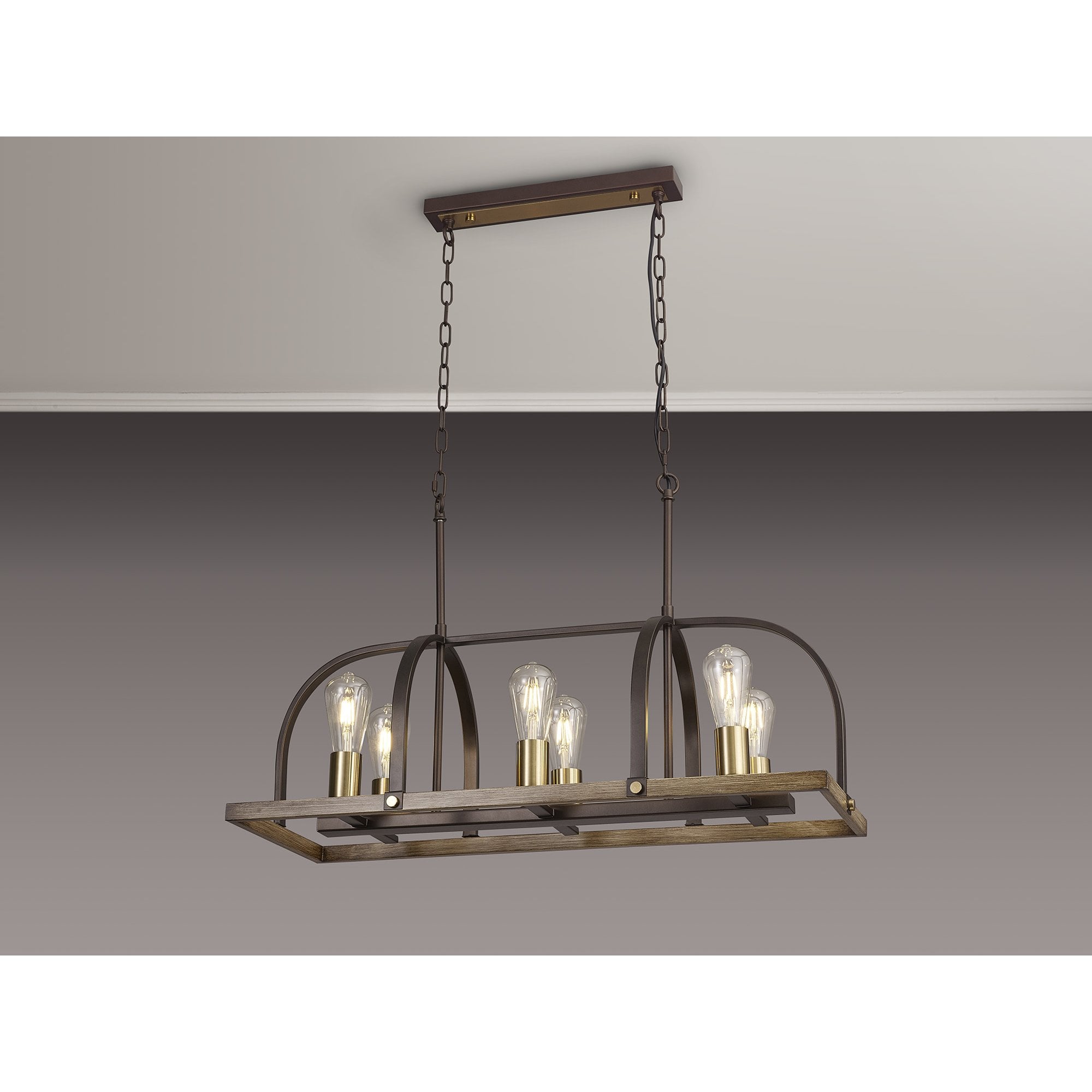 Fabula Faversham 6 Light Oblong Pendant - Antique Bronze, Brown Oxide & Wood