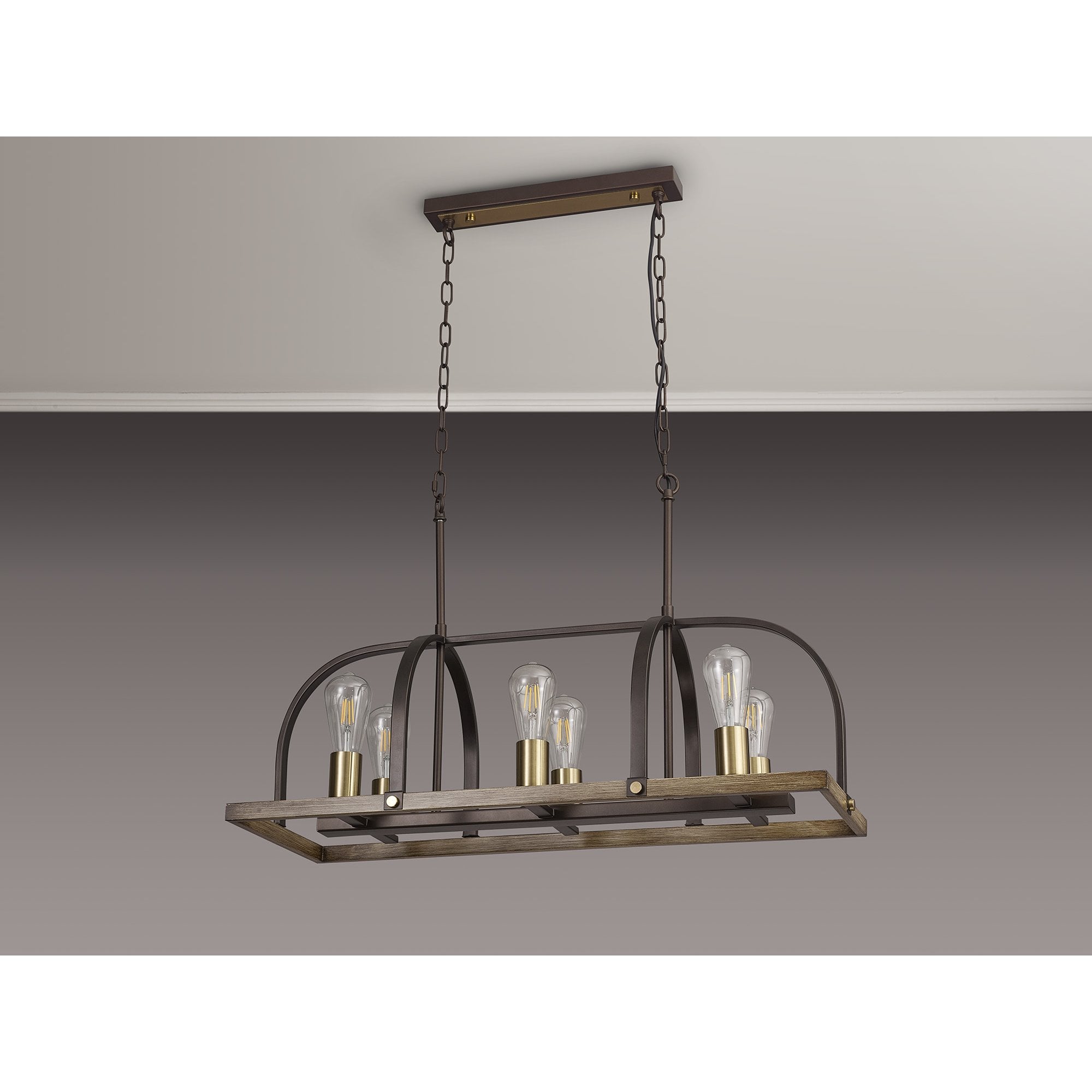 Fabula Faversham 6 Light Oblong Pendant - Antique Bronze, Brown Oxide & Wood